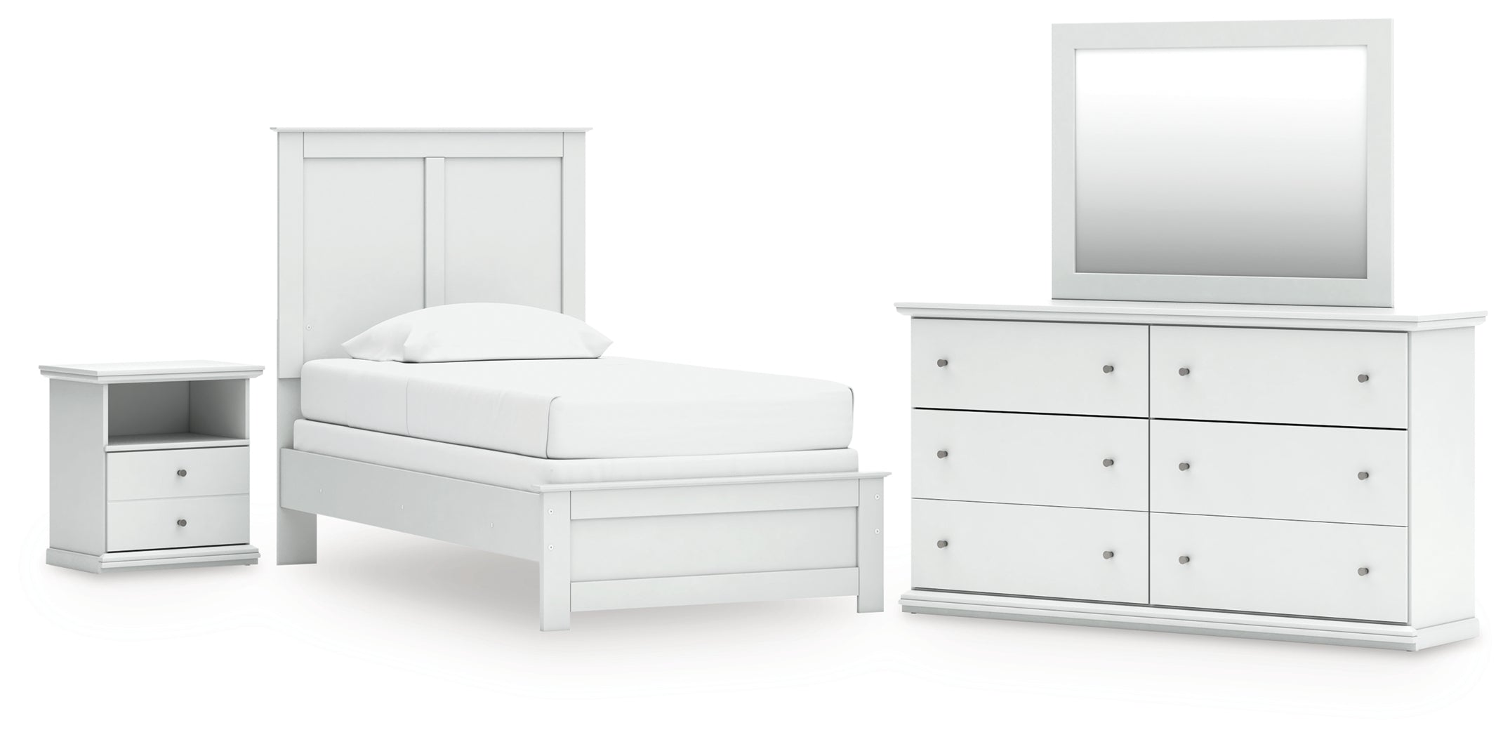 Bostwick Shoals Twin Panel Bed with Mirrored Dresser and Nightstand in White - PKG021558