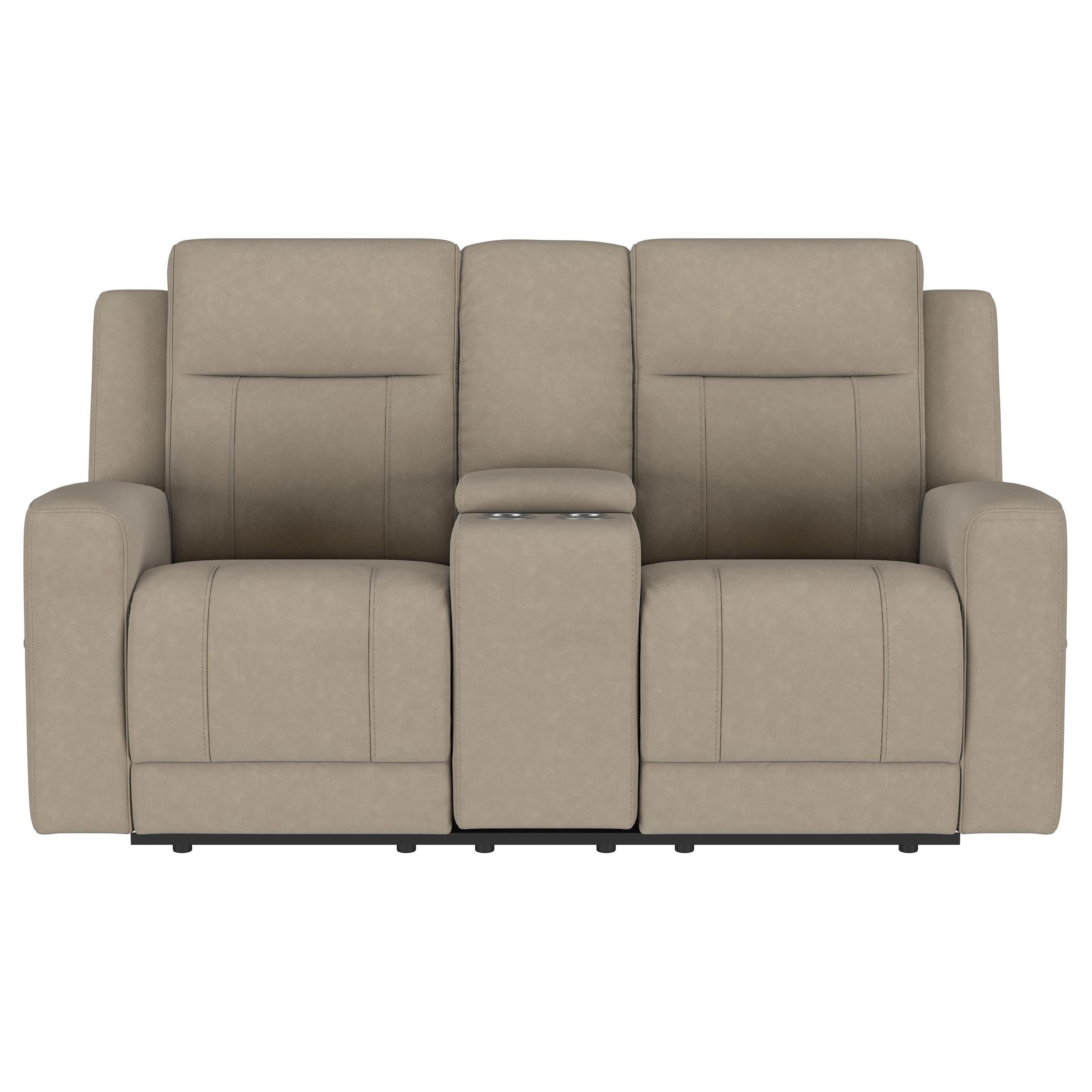 Brentwood Taupe Upholstered Motion Reclining Loveseat with Console from Coaster - Luna Furniture