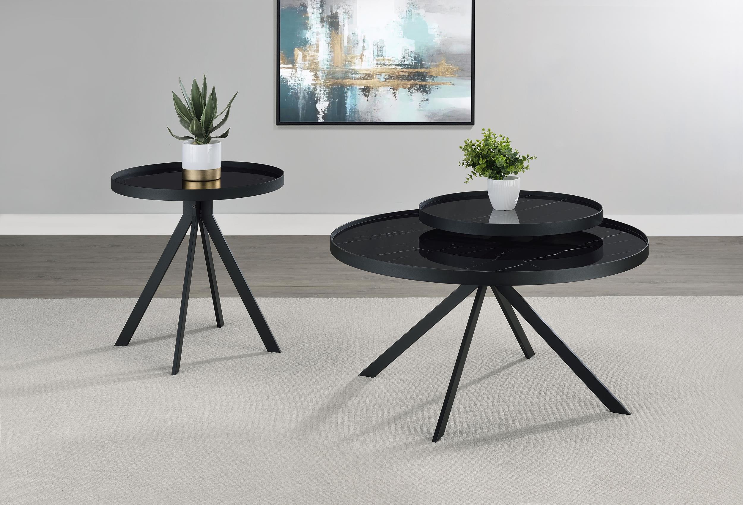 Briggs Round Marble Printed Glass Top Coffee Table Black - 706268