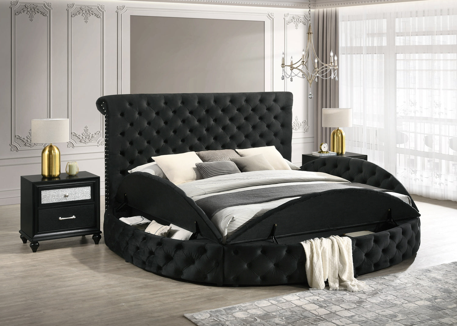 Brigitte Black Queen Upholstered Storage Panel Bed - SET | 5202BK-Q-HB | 5202BK-Q-FB | 5202BK-KQ-RL-L | 5202BK-KQ-RL-R