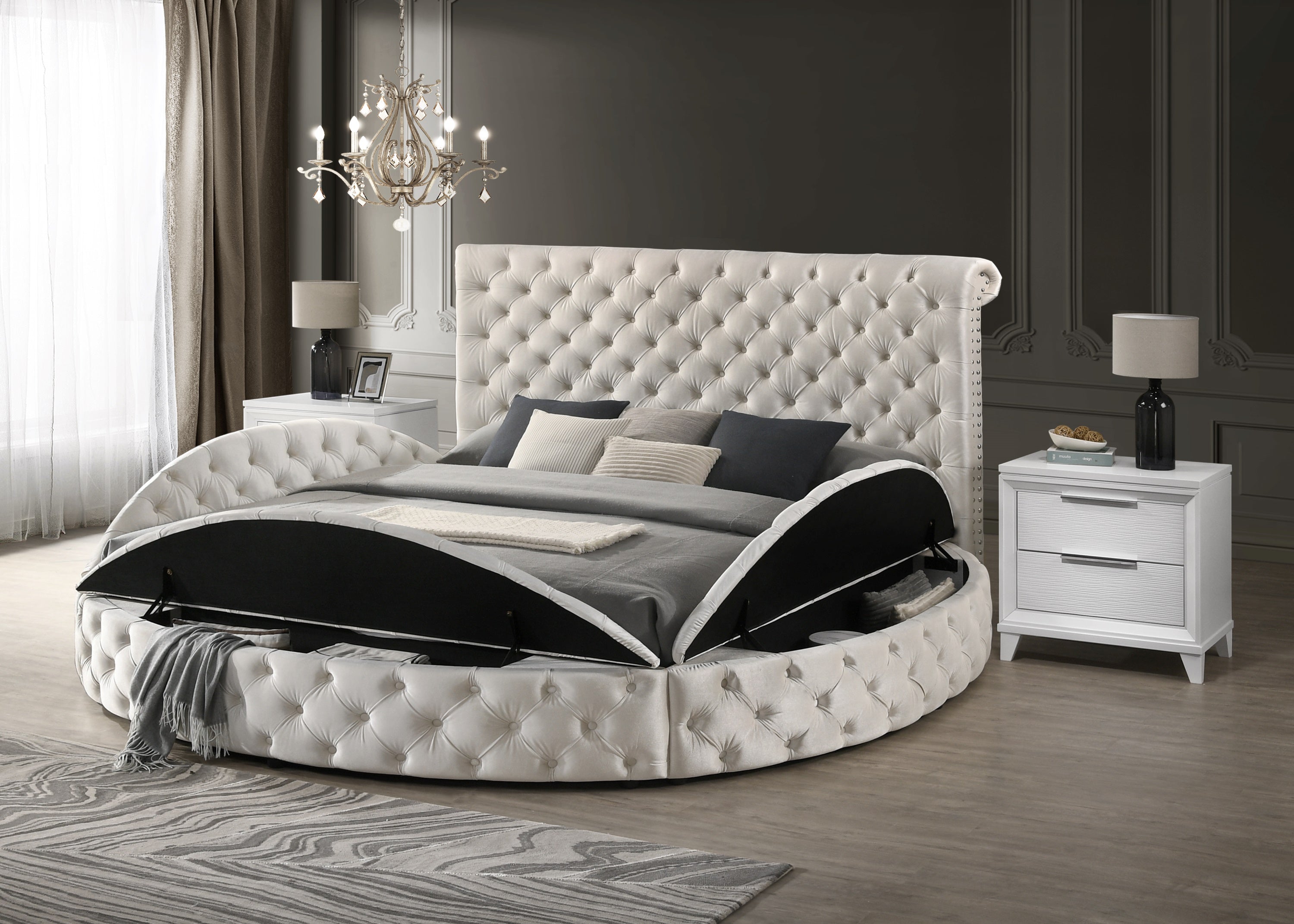 Brigitte Ivory King Upholstered Storage Panel Bed - SET | 5202IV-K-HB | 5202IV-K-FB | 5202IV-KQ-RL-L | 5202IV-KQ-RL-R