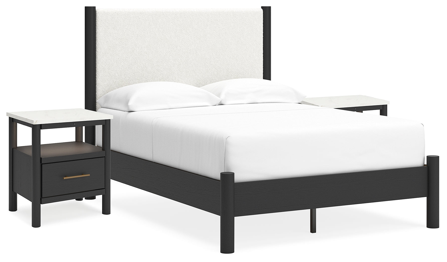 Cadmori Full Upholstered Panel Bed with 2 Nightstands in Black/White - PKG020274