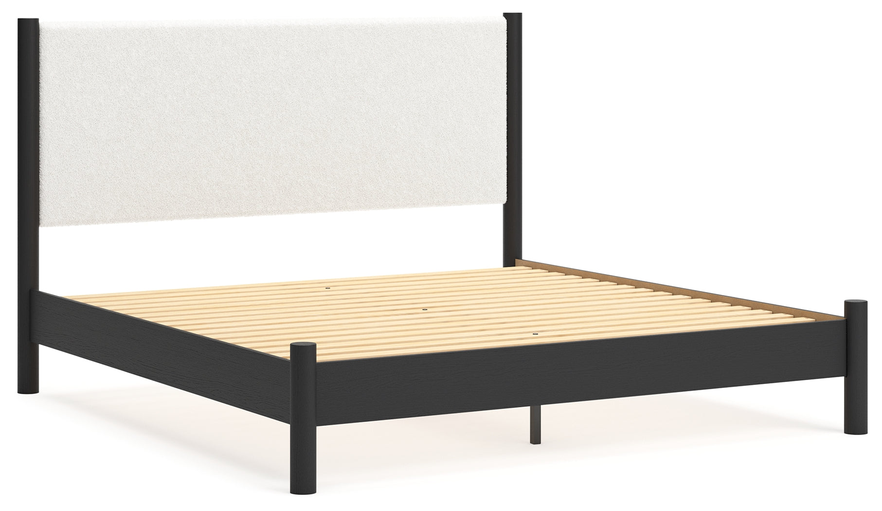 Cadmori King Upholstered Panel Bed with Mirrored Dresser and 2 Nightstands in Black/White - PKG020276