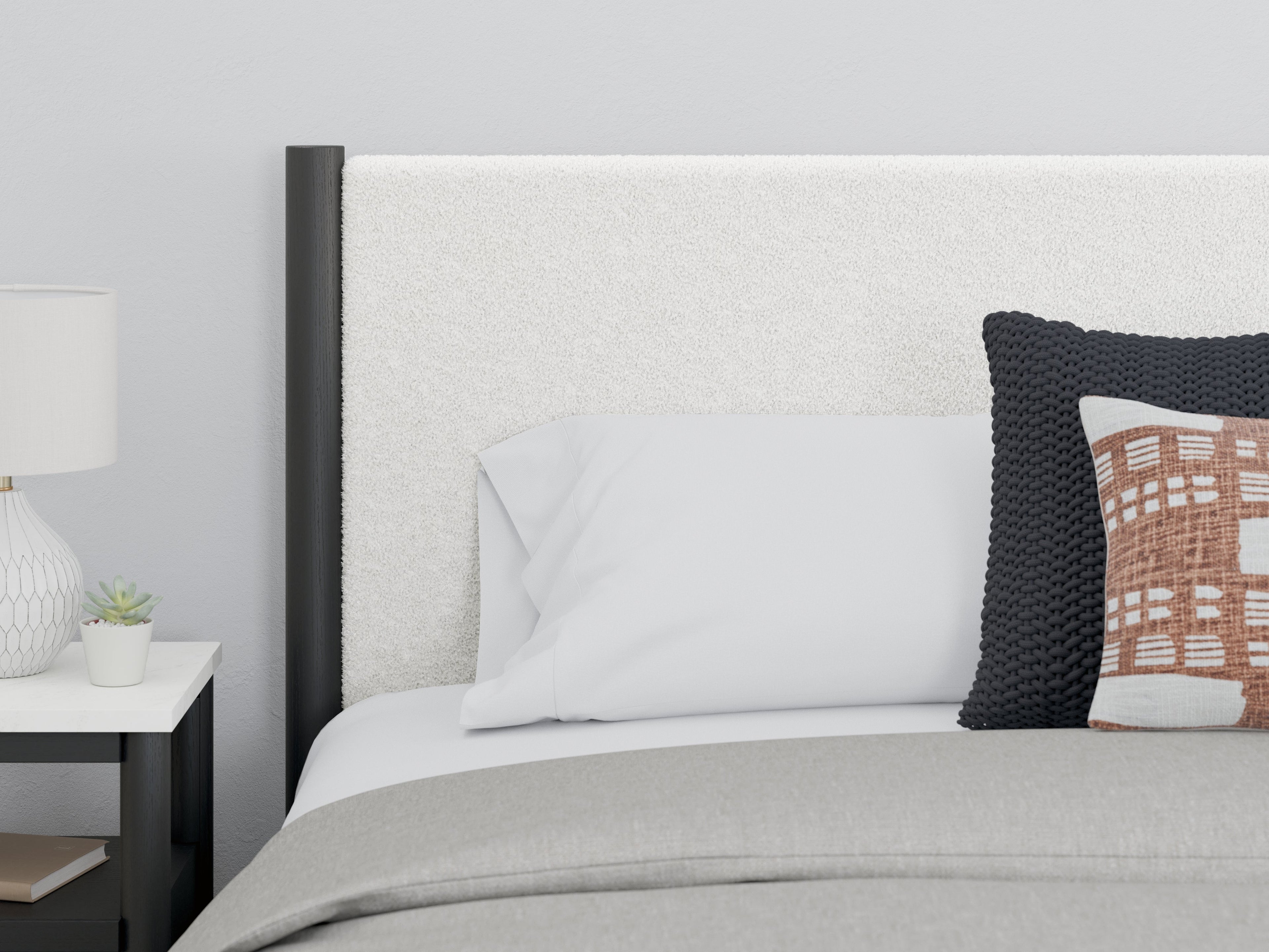 Cadmori King Upholstered Panel Bed with Mirrored Dresser and 2 Nightstands in Black/White - PKG020276