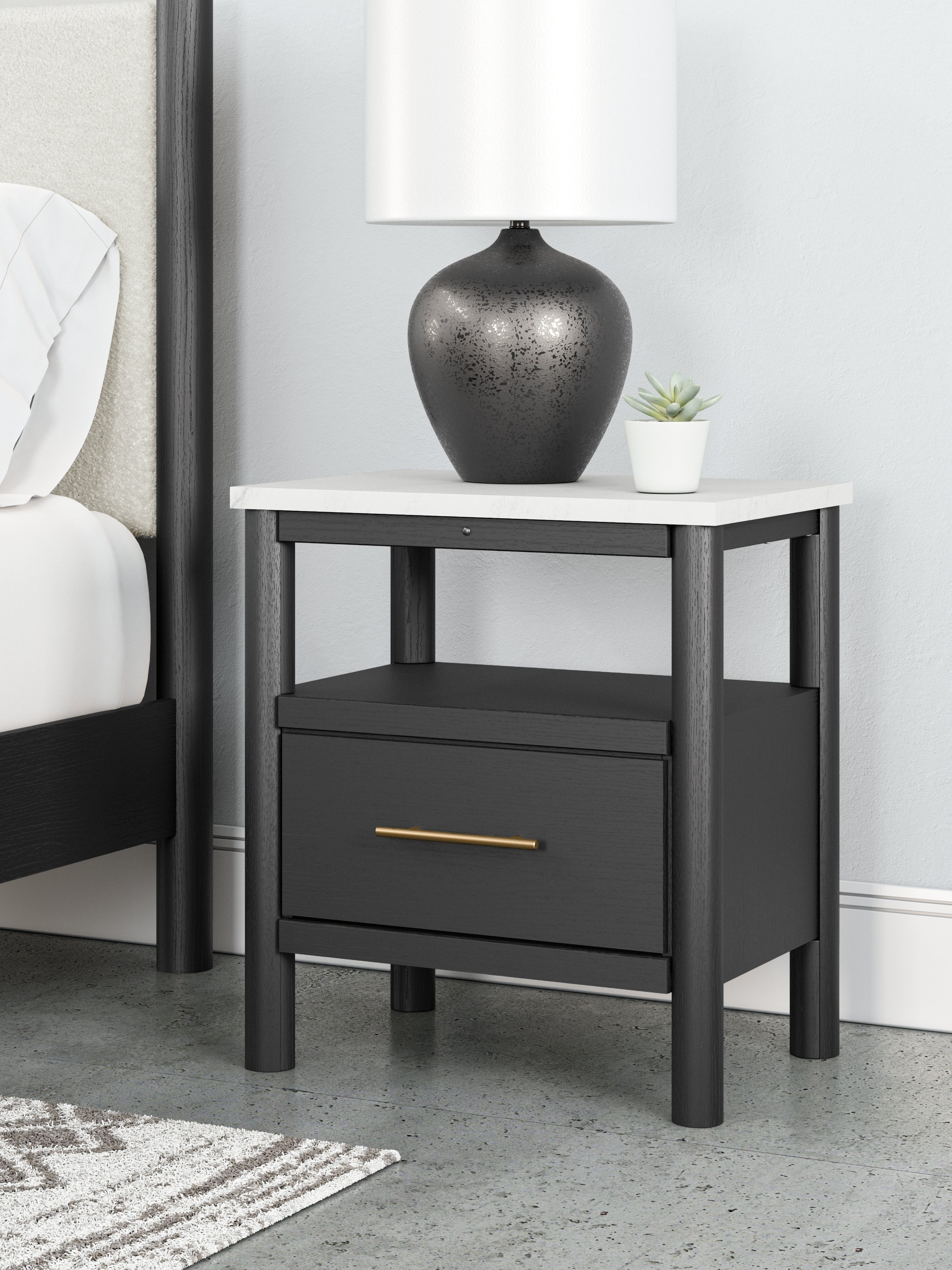 Cadmori King Upholstered Panel Bed with Mirrored Dresser and 2 Nightstands in Black/White - PKG020276