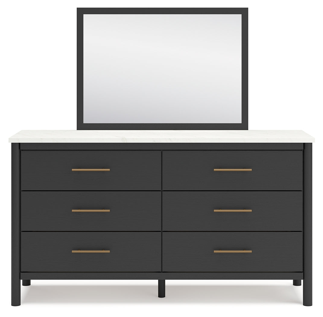 Cadmori King Upholstered Panel Bed with Mirrored Dresser and 2 Nightstands in Black/White - PKG020276
