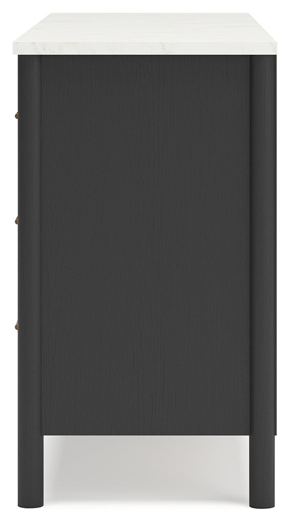 Cadmori Queen Upholstered Panel Bed with Dresser in Black/White - PKG020263