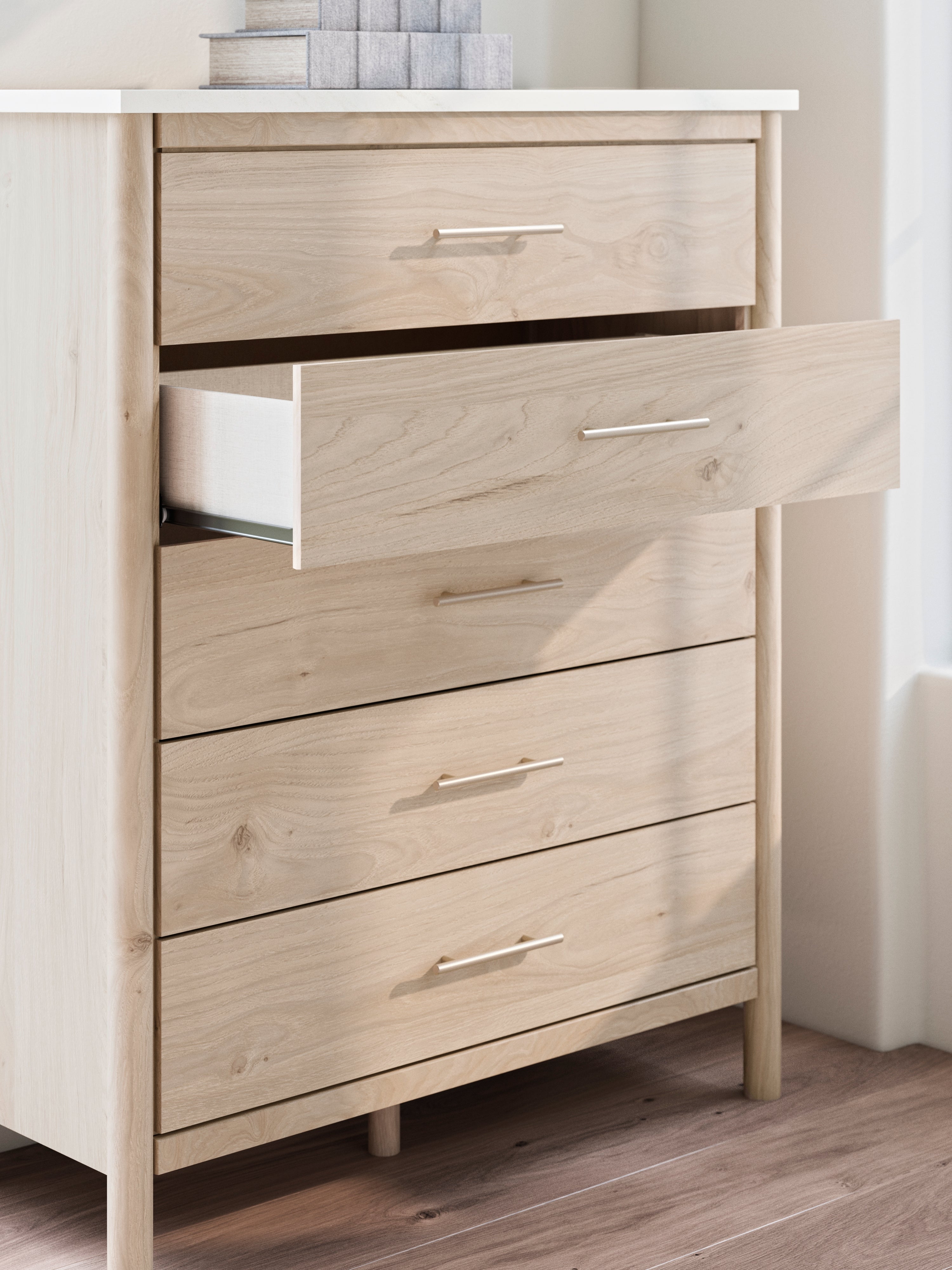 Cadmori Queen Upholstered Panel Bed with Mirrored Dresser, Chest and Nightstand in Two-tone from Ashley - Luna Furniture