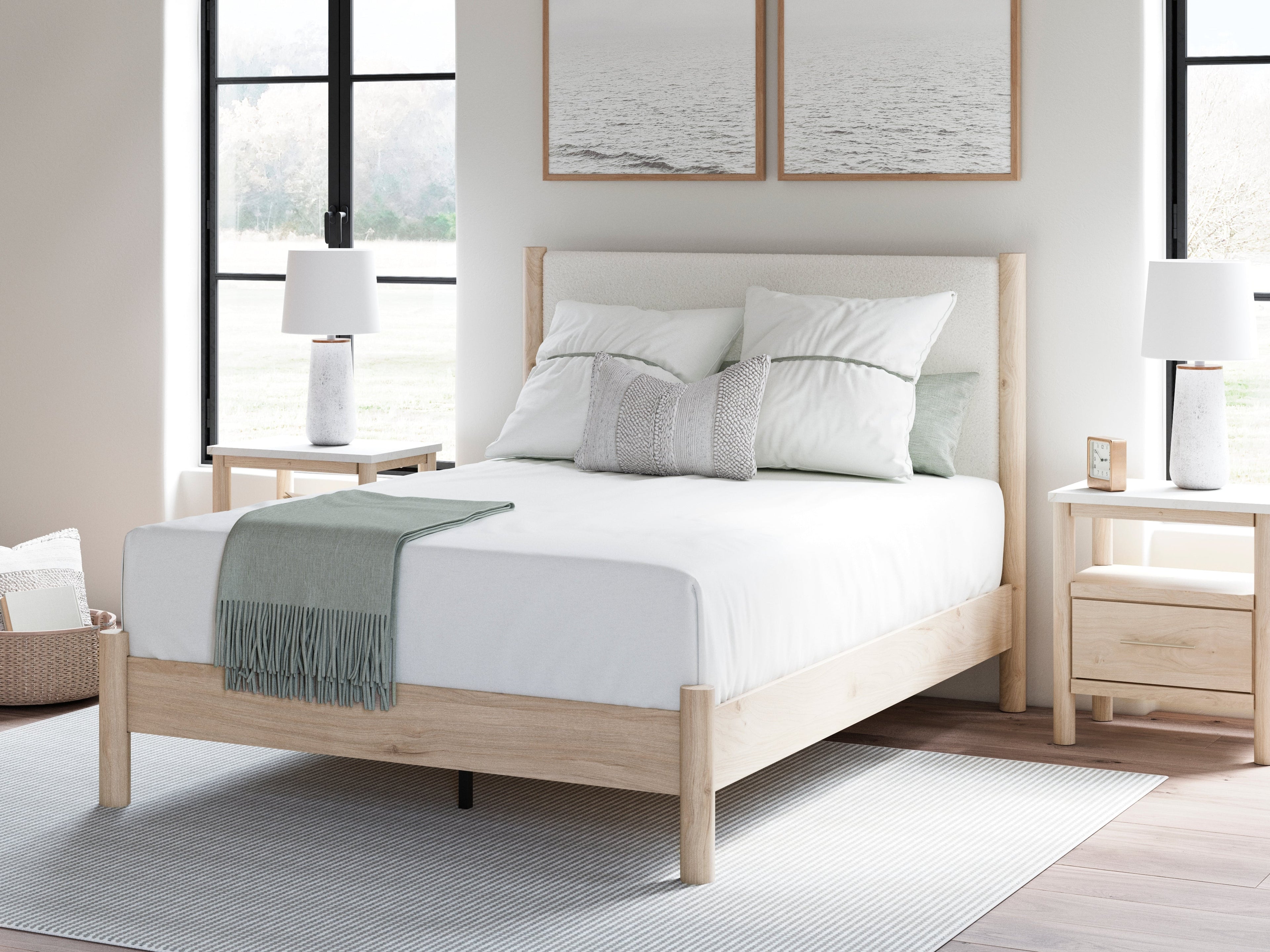 Cadmori Queen Upholstered Panel Bed with Mirrored Dresser in Two-tone - PKG018757
