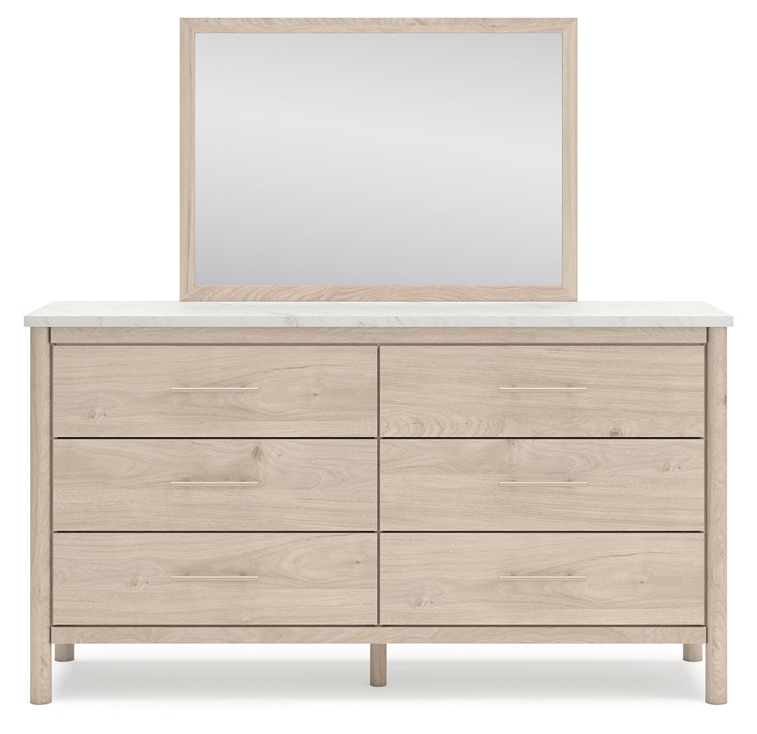 Cadmori Queen Upholstered Panel Bed with Mirrored Dresser in Two-tone - PKG018757