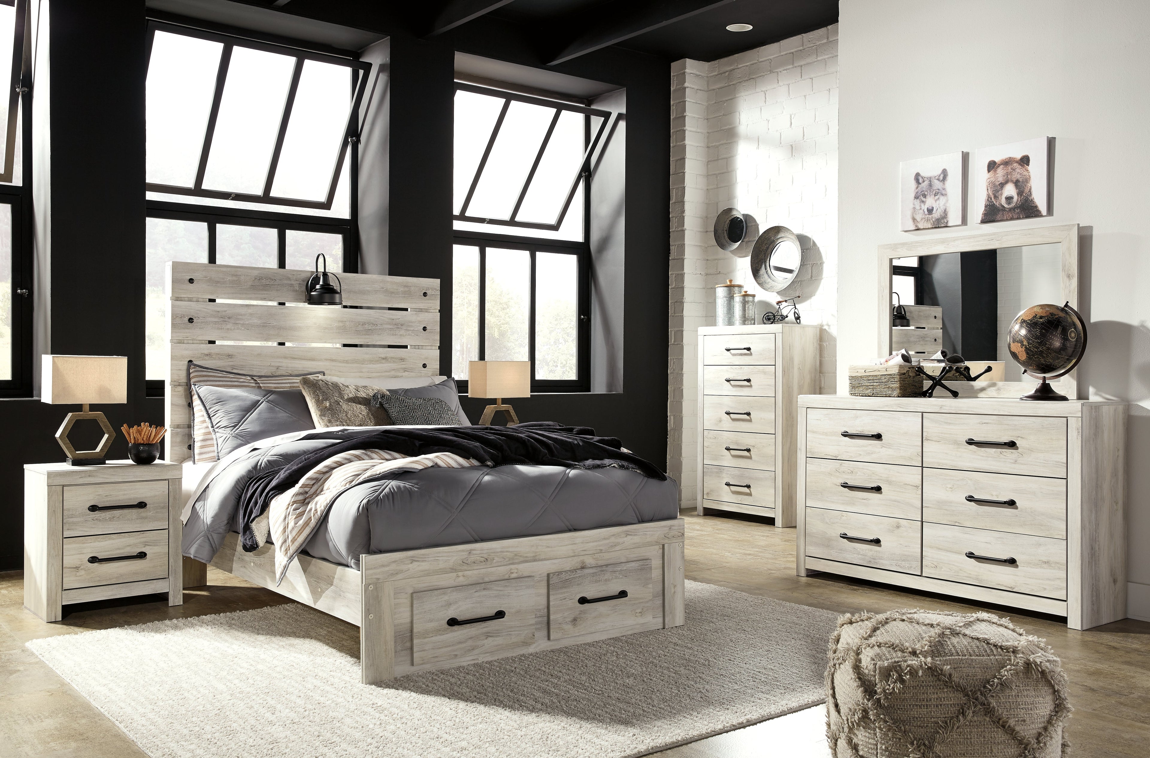Cambeck Full Panel Bed with 2 Storage Drawers with Mirrored Dresser, Chest and Nightstand in Whitewash - PKG003053