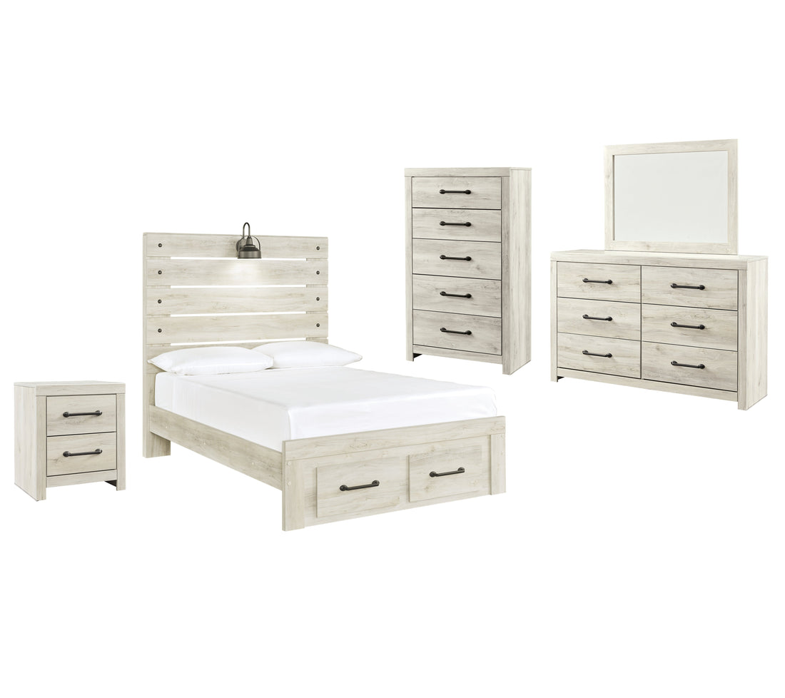 Cambeck Full Panel Bed with 2 Storage Drawers with Mirrored Dresser, Chest and Nightstand in Whitewash - PKG003053