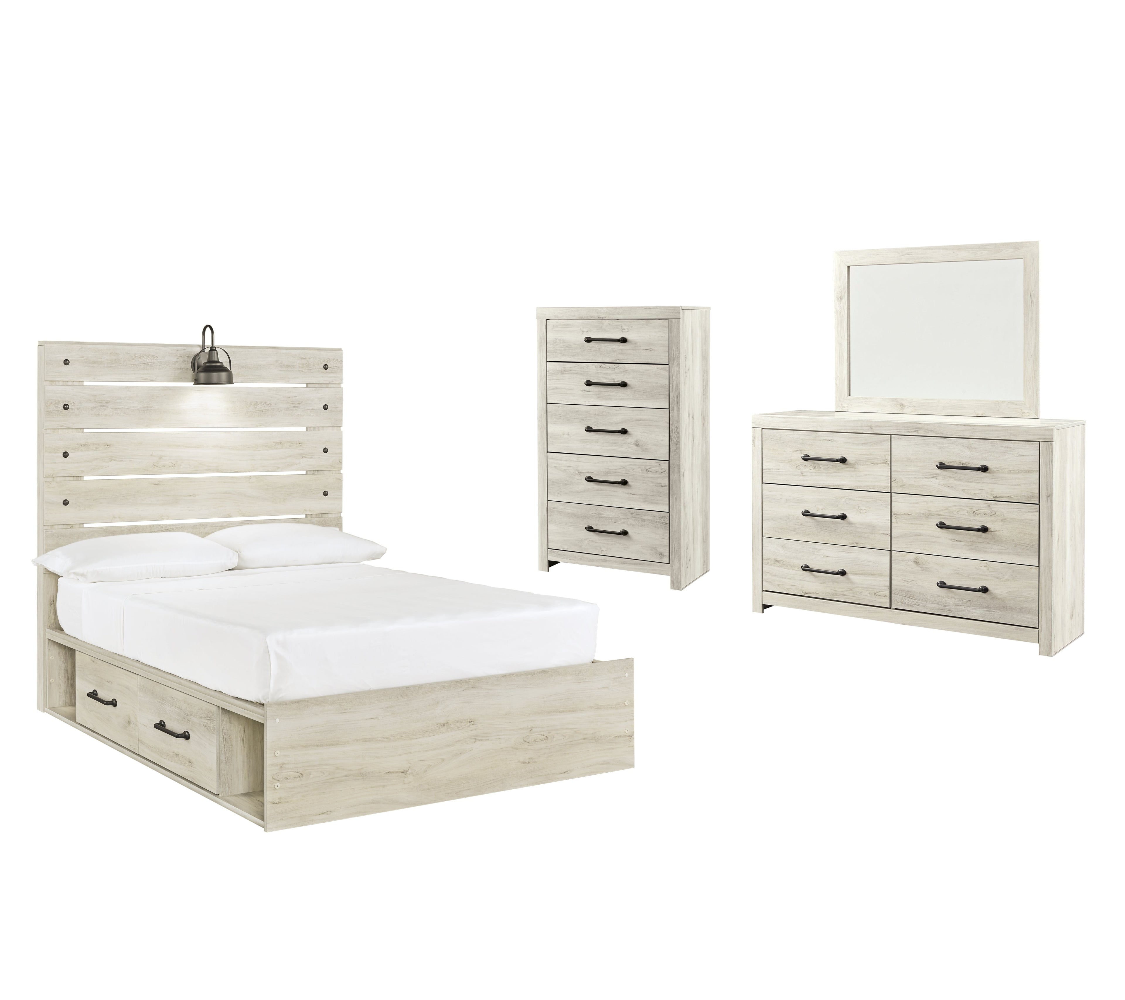 Cambeck Full Panel Bed with 4 Storage Drawers with Mirrored Dresser and Chest in Whitewash - PKG003058