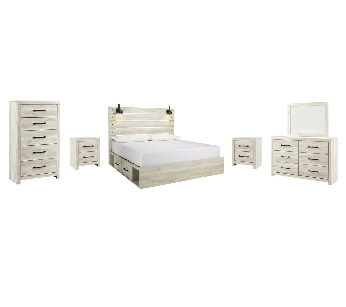 Cambeck King Panel Bed with 2 Storage Drawers with Mirrored Dresser, Chest and 2 Nightstands in Whitewash - PKG003006