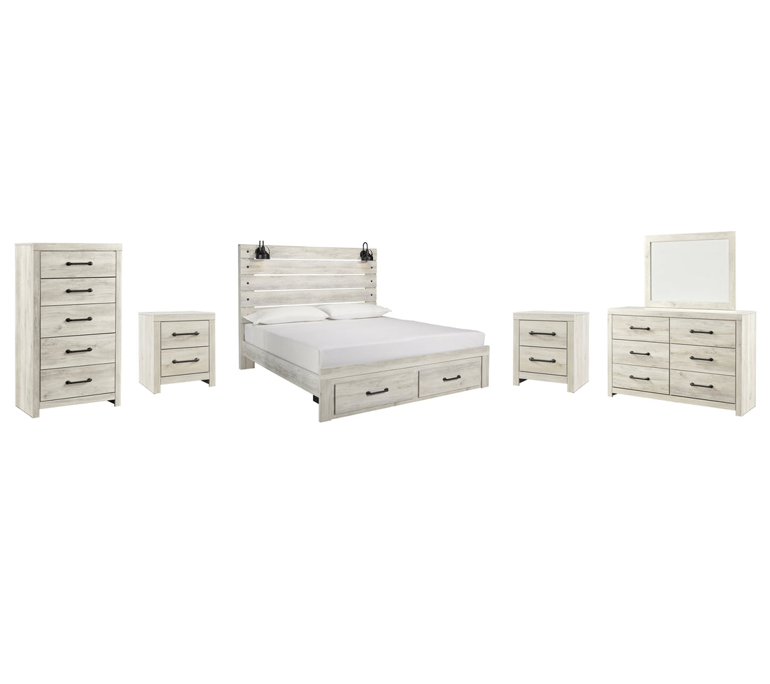 Cambeck King Panel Bed with 2 Storage Drawers with Mirrored Dresser, Chest and 2 Nightstands in Whitewash from Ashley - Luna Furniture