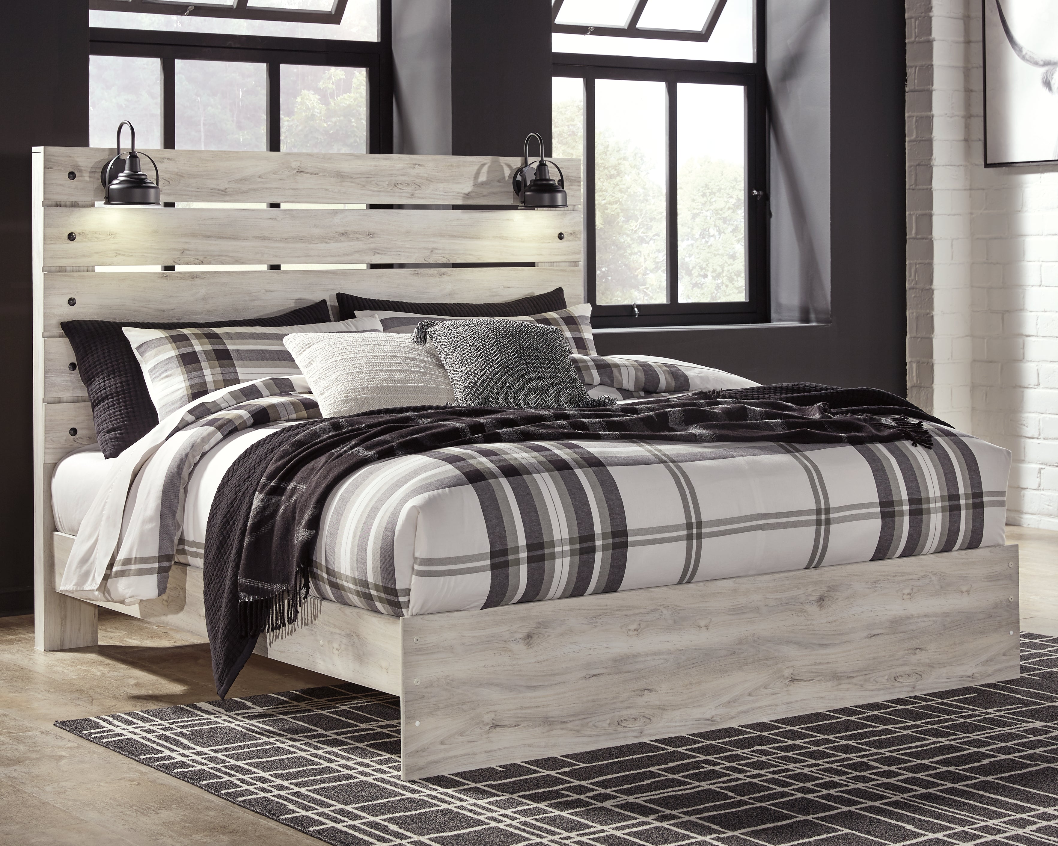 Cambeck King Panel Bed with Mirrored Dresser and 2 Nightstands in Whitewash - PKG003033