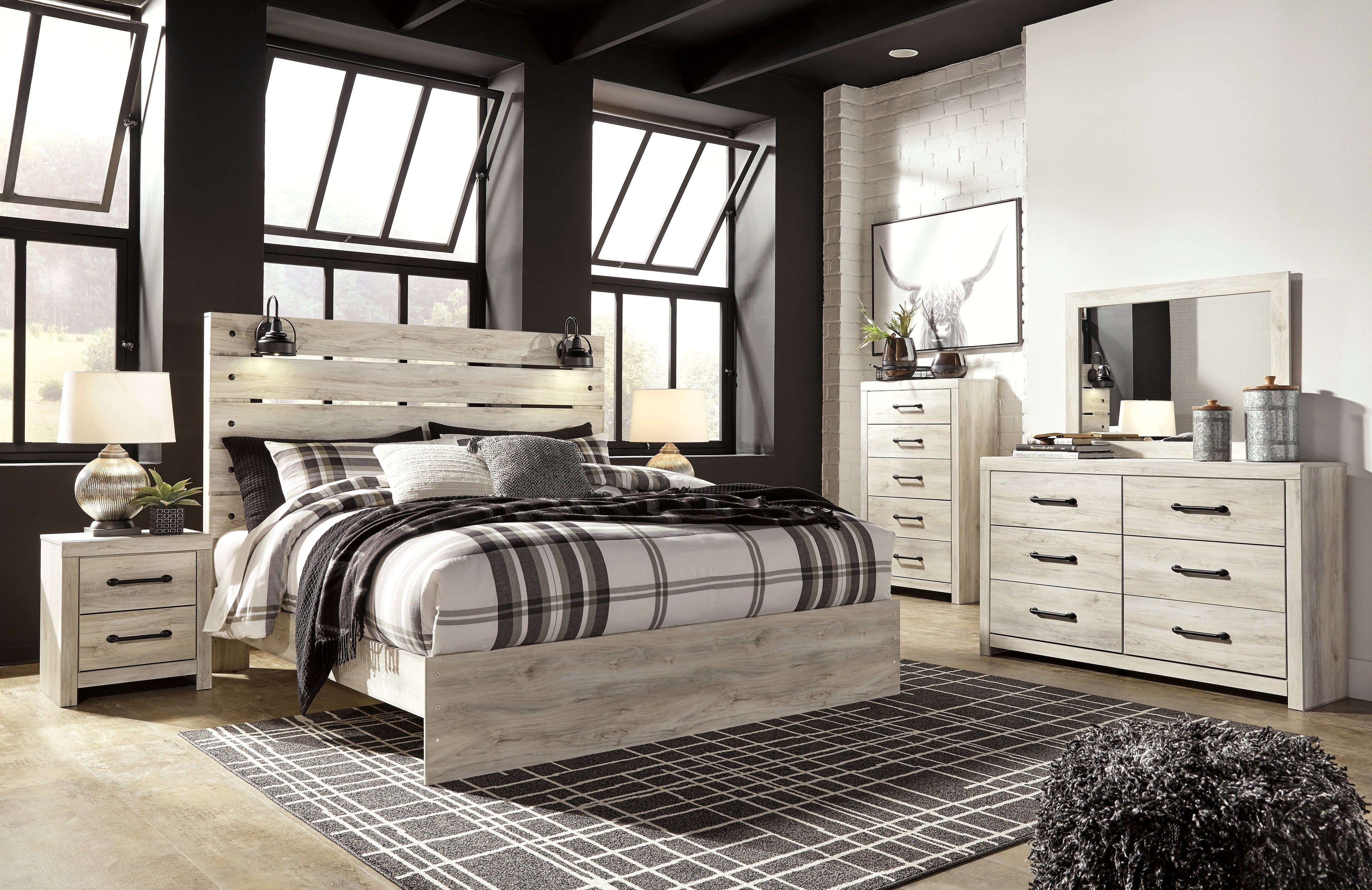 Cambeck King Panel Bed with Mirrored Dresser, Chest and 2 Nightstands in Whitewash - PKG003036