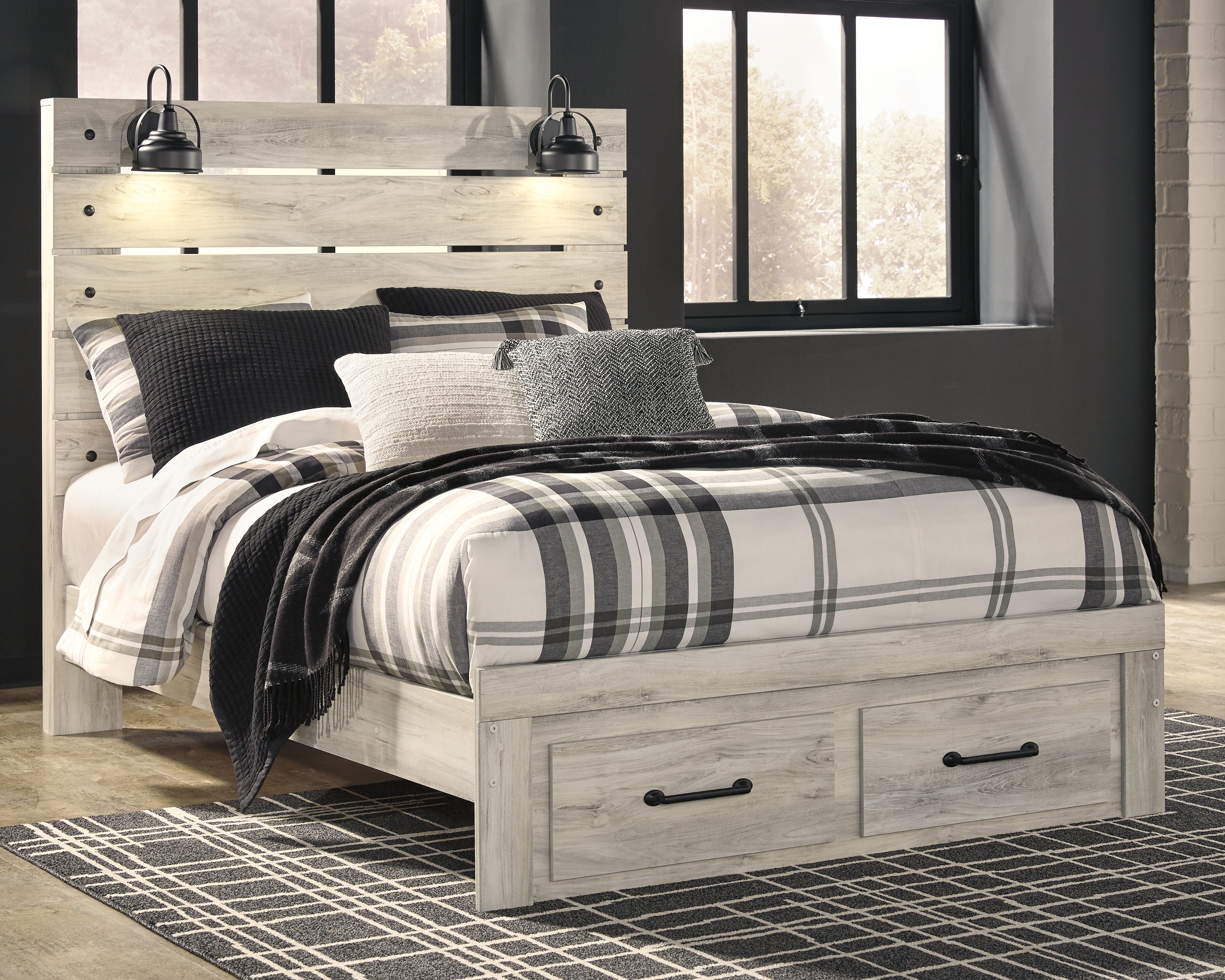 Cambeck Queen Panel Bed with 2 Storage Drawers with Mirrored Dresser and Chest in Whitewash - PKG003095