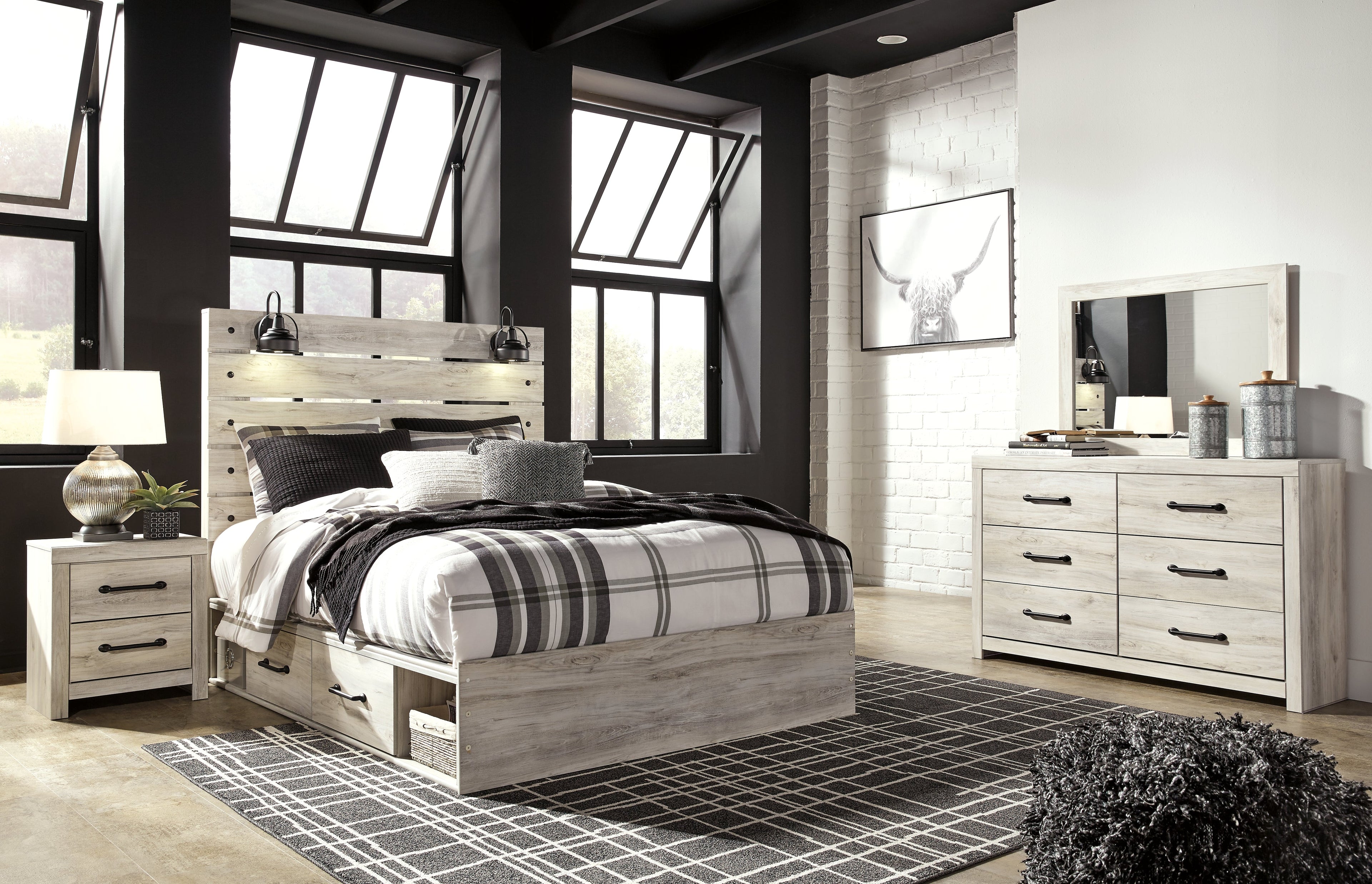 Cambeck Queen Panel Bed with 4 Storage Drawers with Mirrored Dresser and 2 Nightstands in Whitewash from Ashley - Luna Furniture
