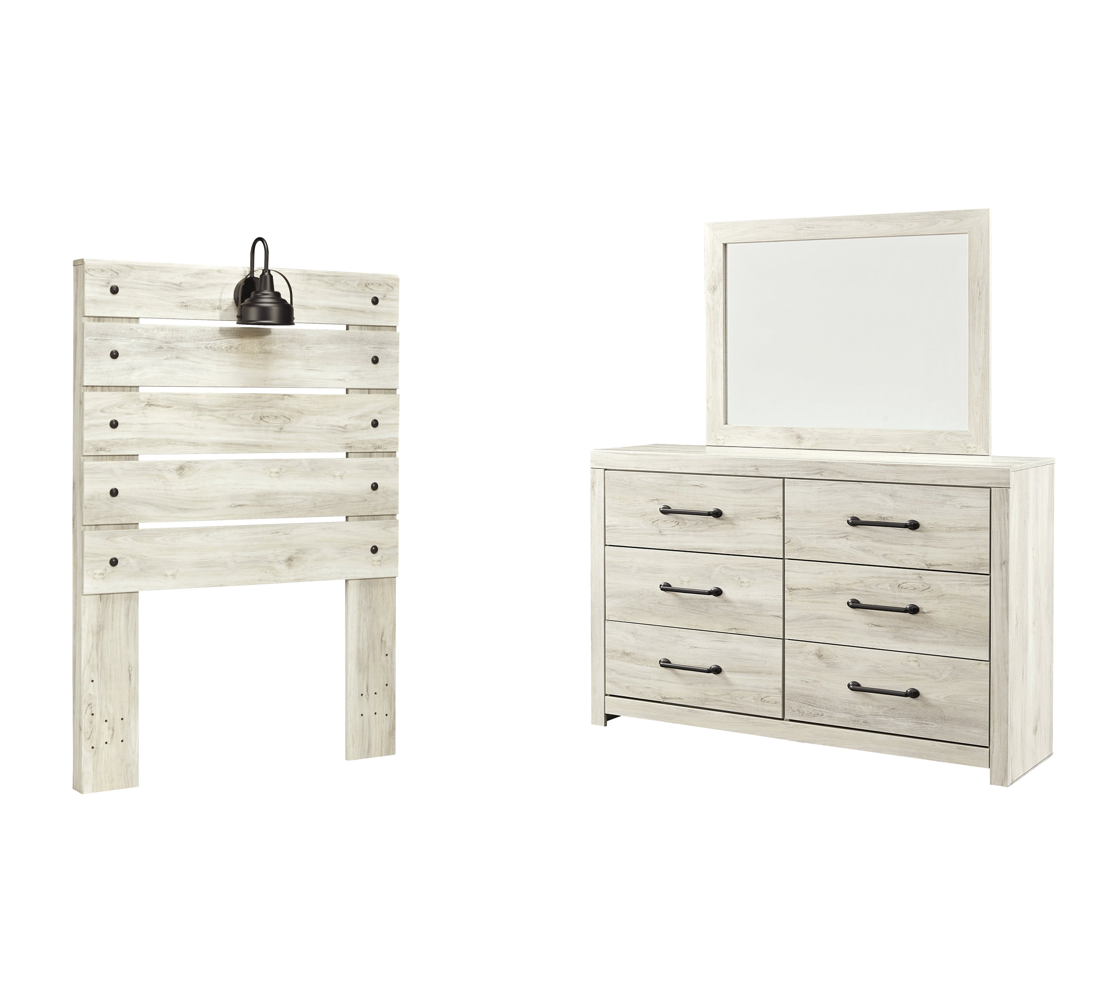 Cambeck Twin Panel Headboard Bed with Mirrored Dresser in Whitewash - PKG002951