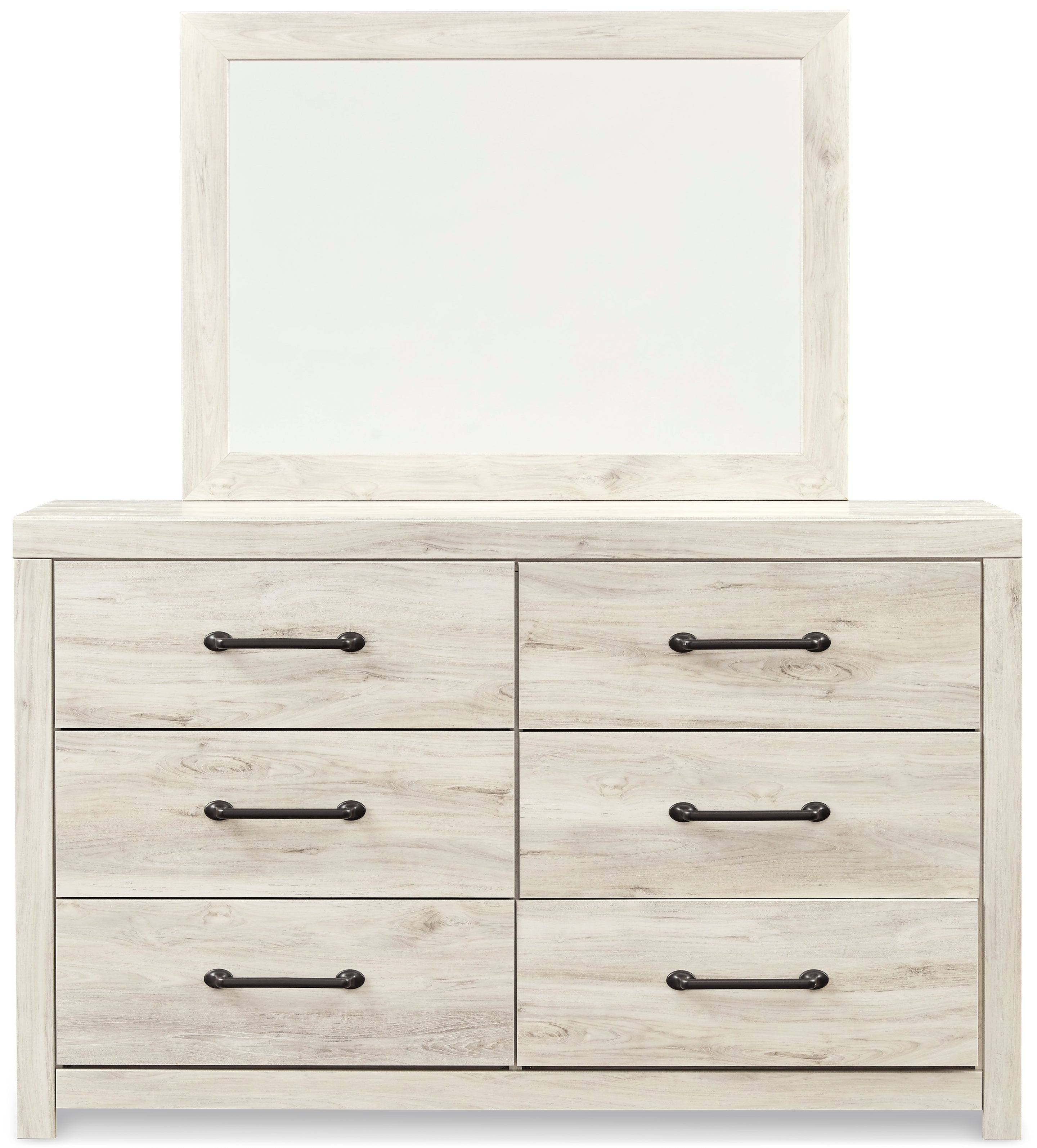 Cambeck Twin Panel Headboard Bed with Mirrored Dresser in Whitewash - PKG002951