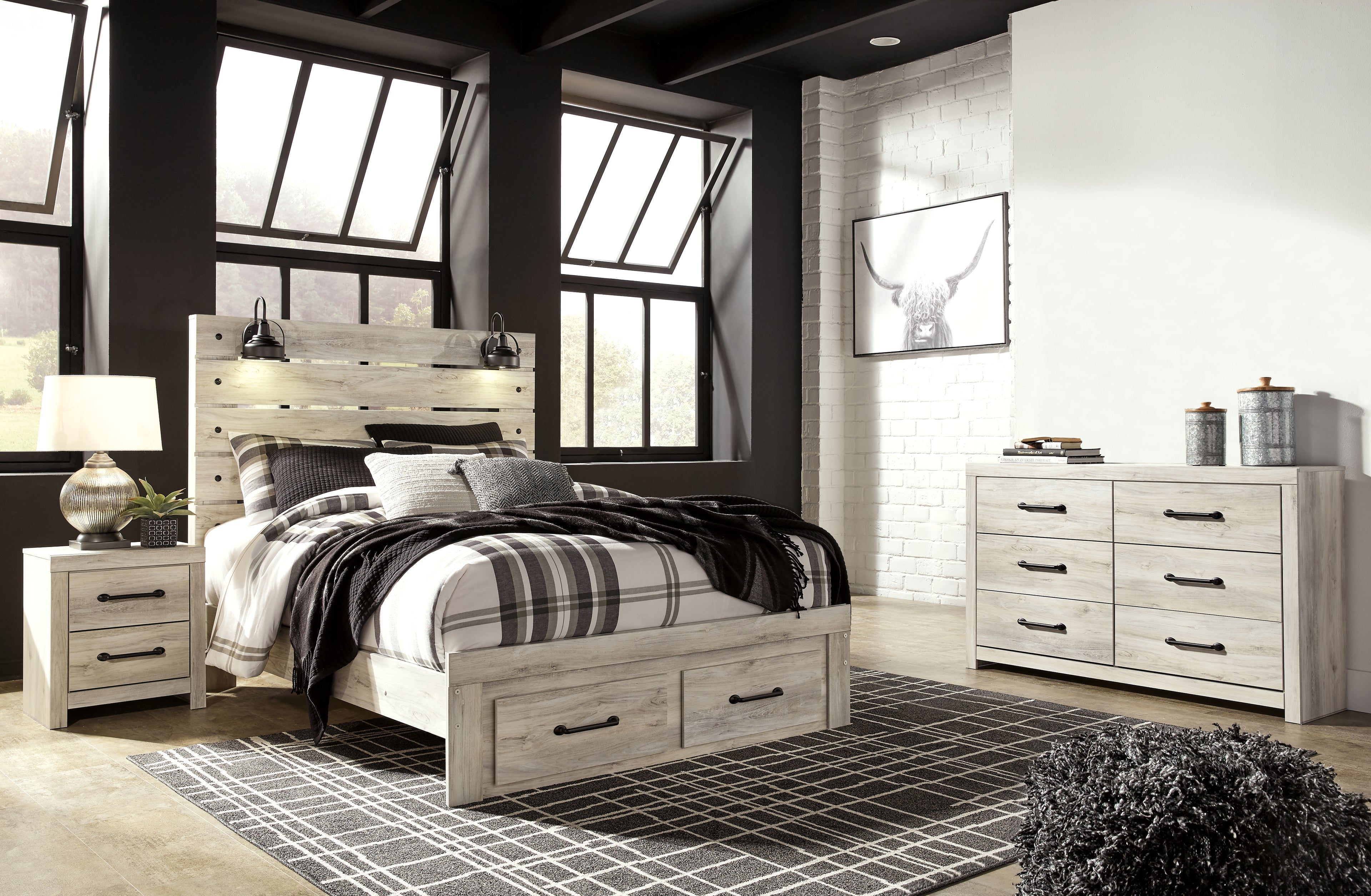 Cambeck Whitewash Queen Panel Storage Bed, Dresser and Nightstand - B192B64