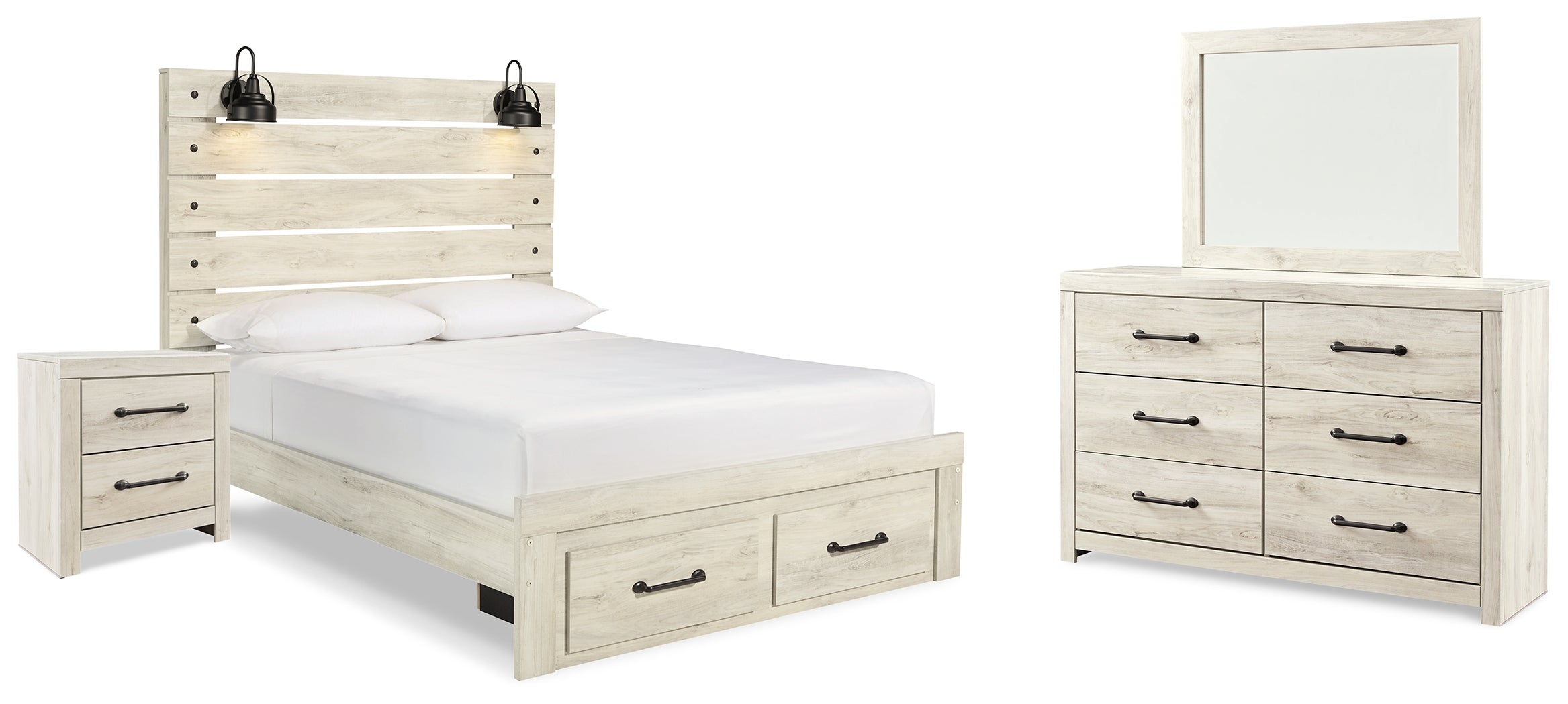 Cambeck Whitewash Queen Panel Storage Bed, Dresser, Mirror and Nightstand - B192B91