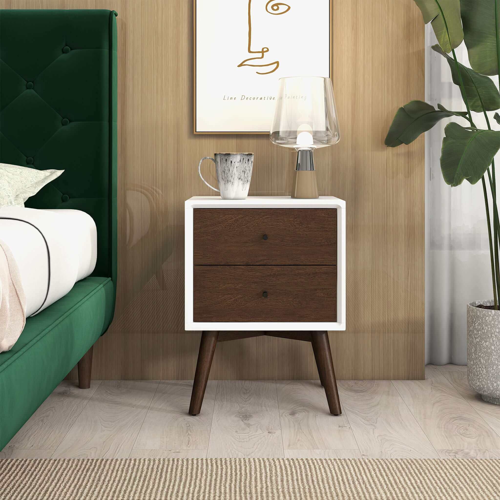 Caroline Mid Century Modern Style White Night Stand 2-Drawer - NST00700403