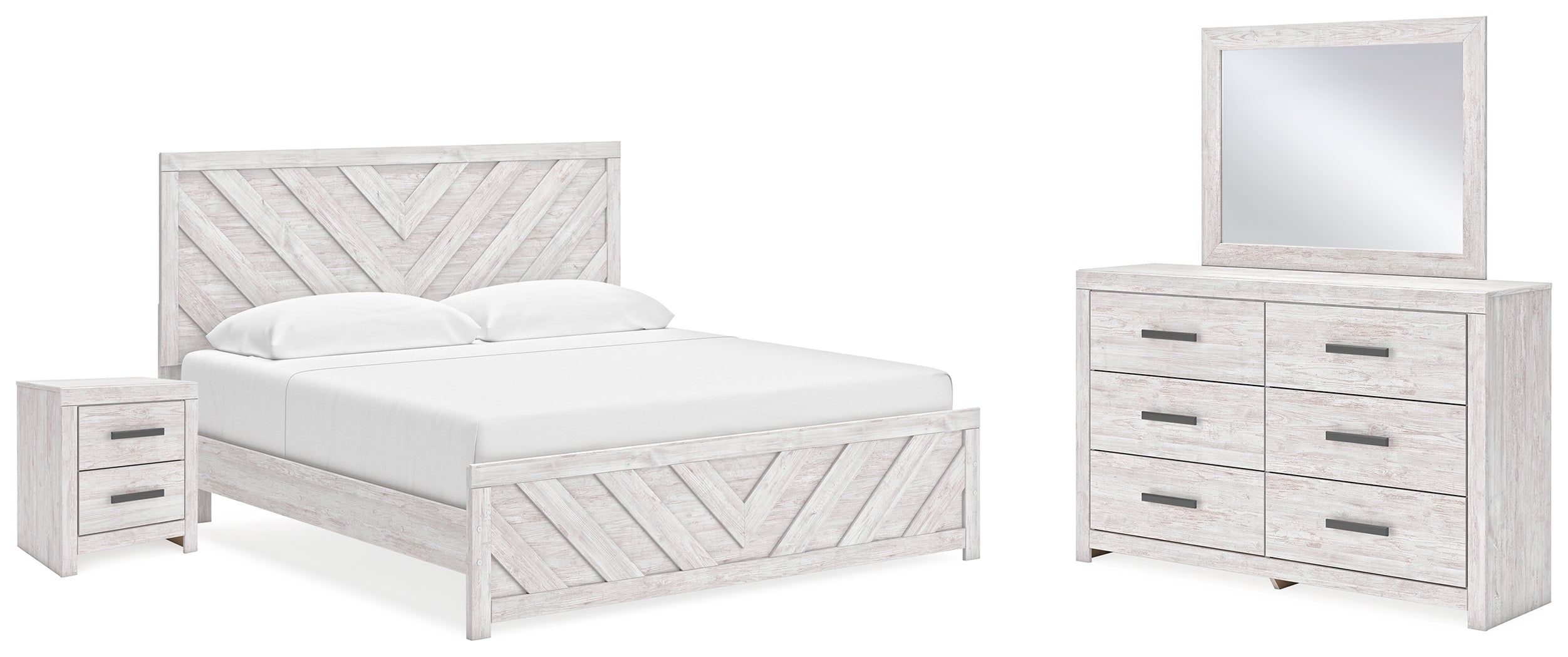 Cayboni King Panel Bed with Mirrored Dresser and Nightstand in Whitewash - PKG019176