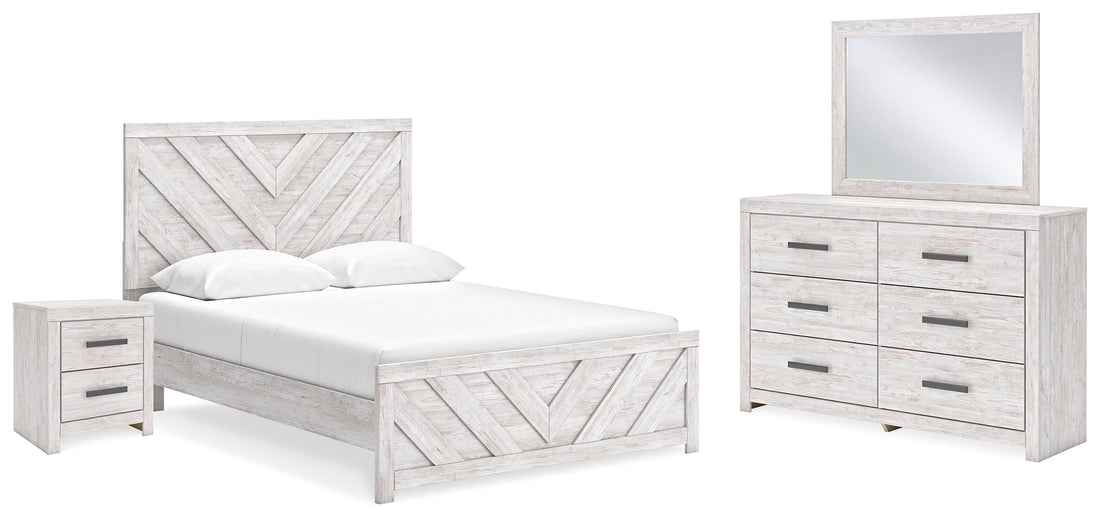 Cayboni Queen Panel Bed with Mirrored Dresser and Nightstand in Whitewash - PKG016694