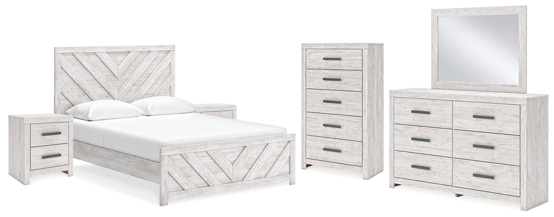 Cayboni Queen Panel Bed with Mirrored Dresser, Chest and 2 Nightstands in Whitewash - PKG016693