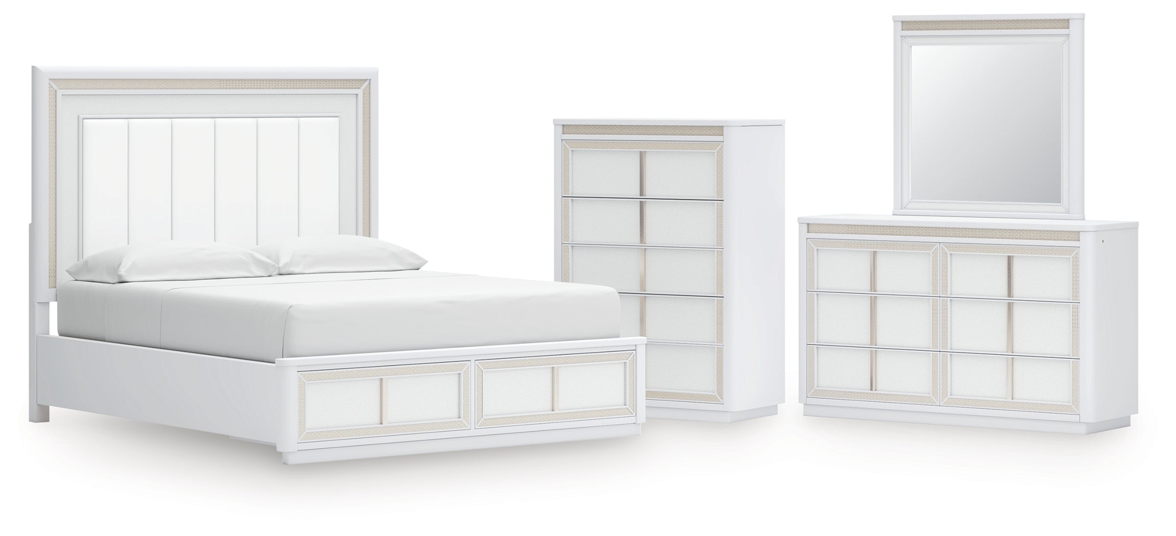 Chalanna California King Upholstered Storage Bed with Mirrored Dresser and Chest in White from Ashley - Luna Furniture