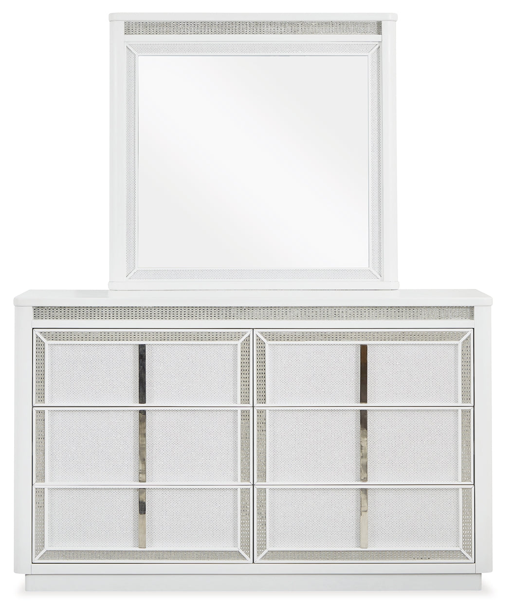 Chalanna King Upholstered Storage Bed with Mirrored Dresser and Chest in White from Ashley - Luna Furniture