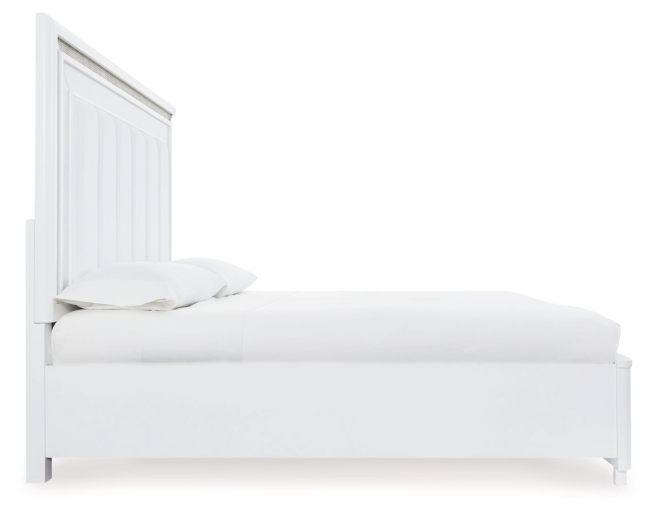 Chalanna King Upholstered Storage Bed with Mirrored Dresser and Chest in White from Ashley - Luna Furniture
