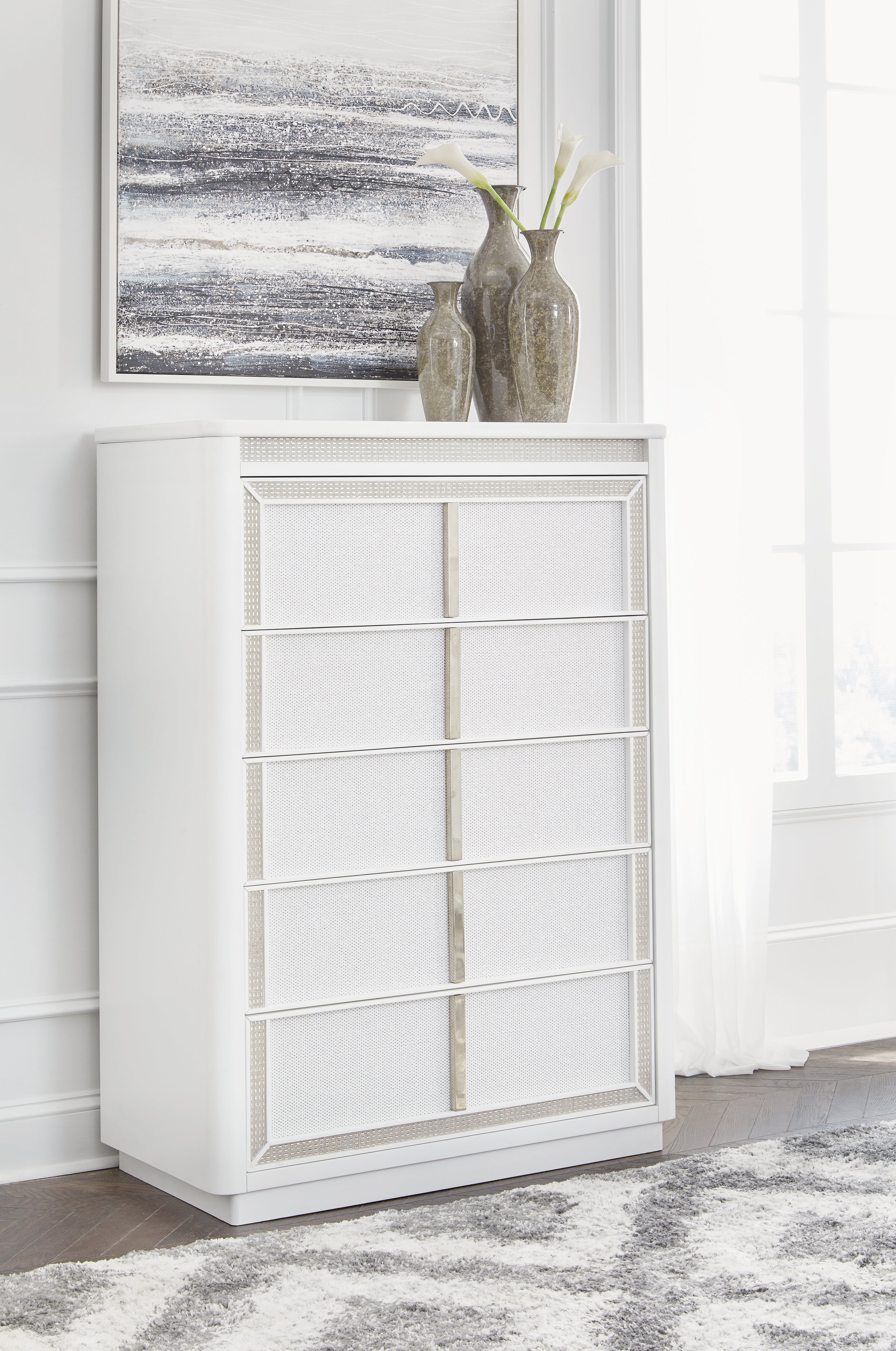 Chalanna King Upholstered Storage Bed with Mirrored Dresser and Chest in White from Ashley - Luna Furniture