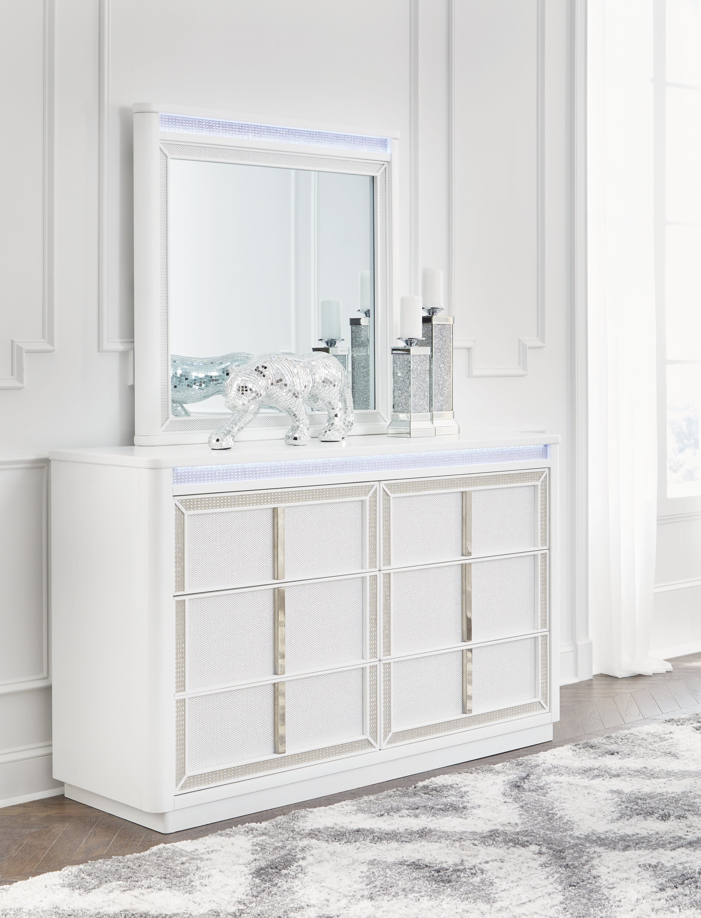 Chalanna King Upholstered Storage Bed with Mirrored Dresser and Chest in White from Ashley - Luna Furniture