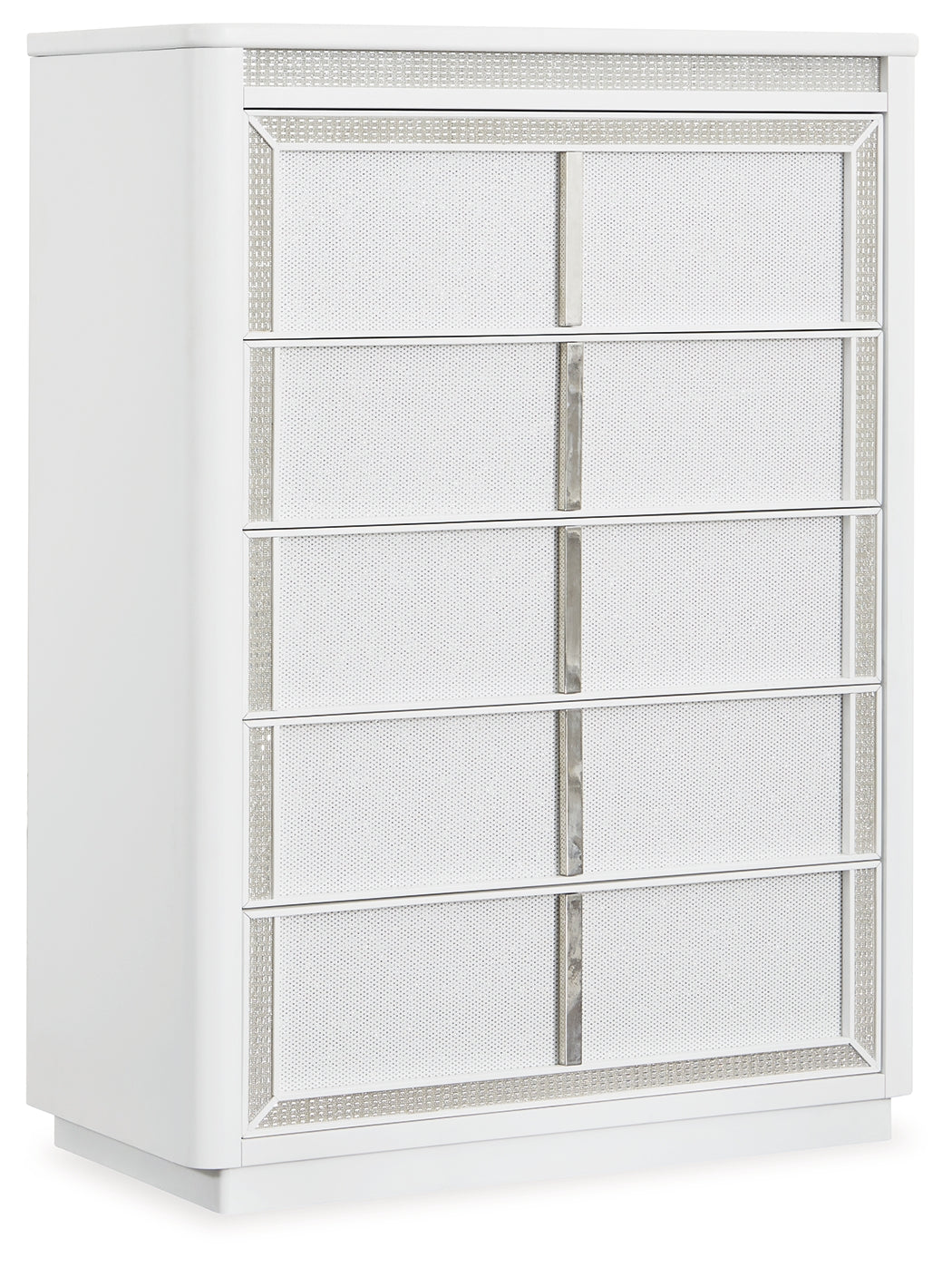 Chalanna King Upholstered Storage Bed with Mirrored Dresser and Chest in White from Ashley - Luna Furniture