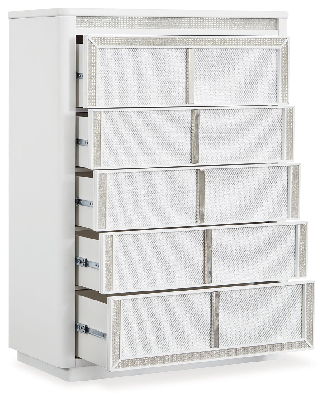 Chalanna King Upholstered Storage Bed with Mirrored Dresser and Chest in White from Ashley - Luna Furniture