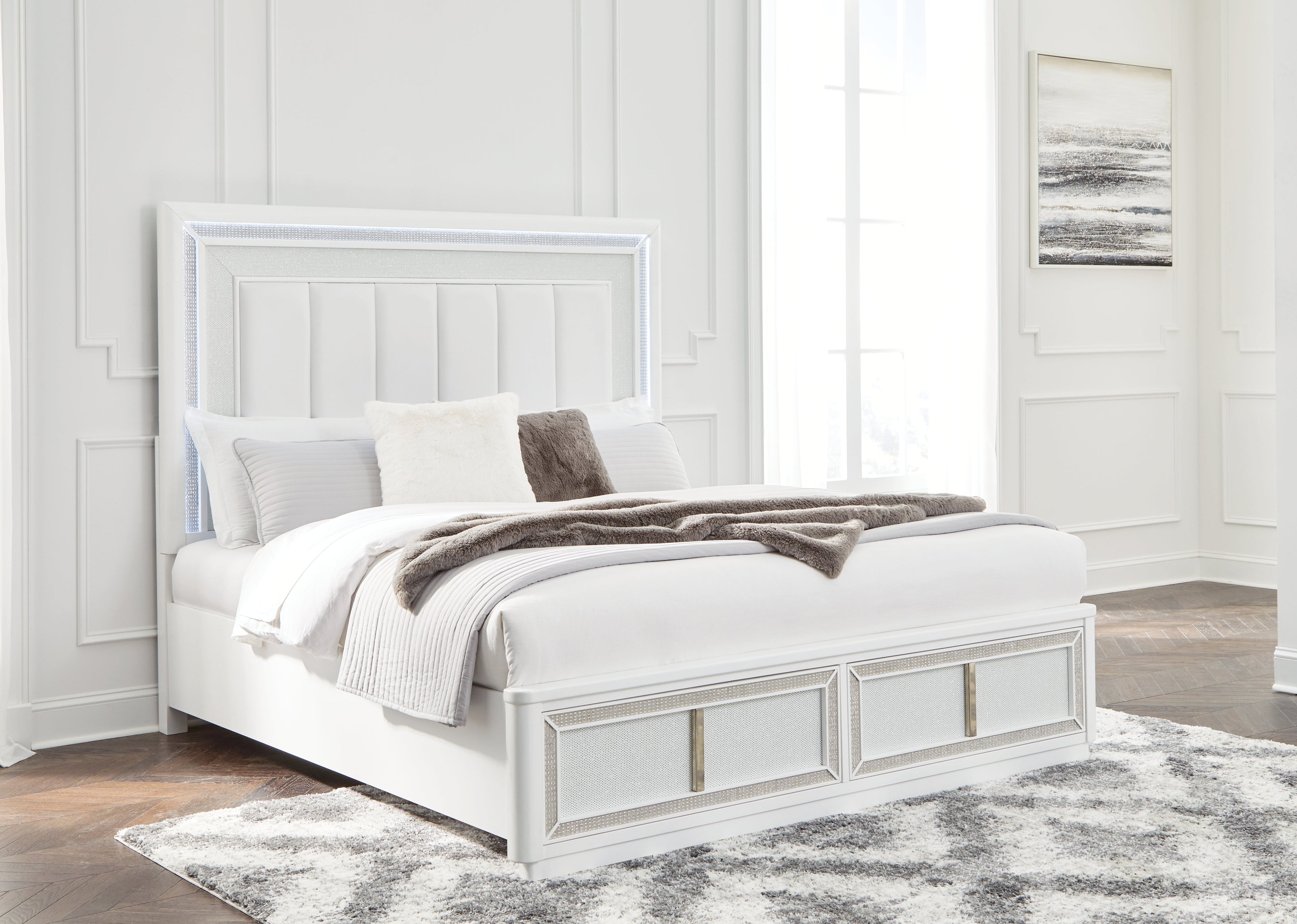 Chalanna King Upholstered Storage Bed with Mirrored Dresser, Chest and 2 Nightstands in White from Ashley - Luna Furniture