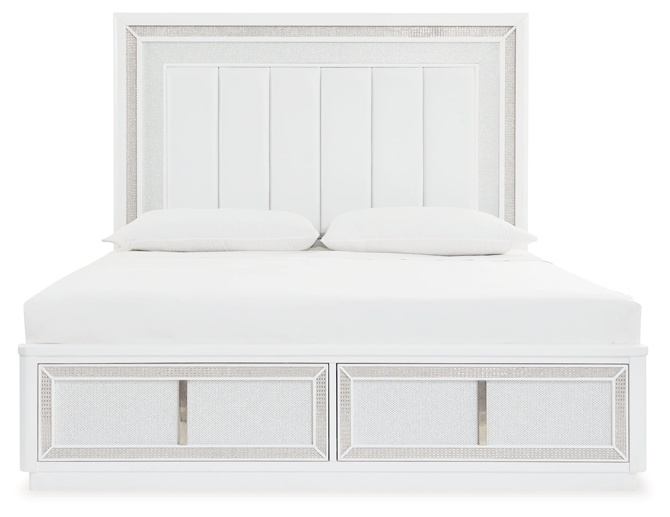 Chalanna King Upholstered Storage Bed with Mirrored Dresser, Chest and Nightstand in White from Ashley - Luna Furniture