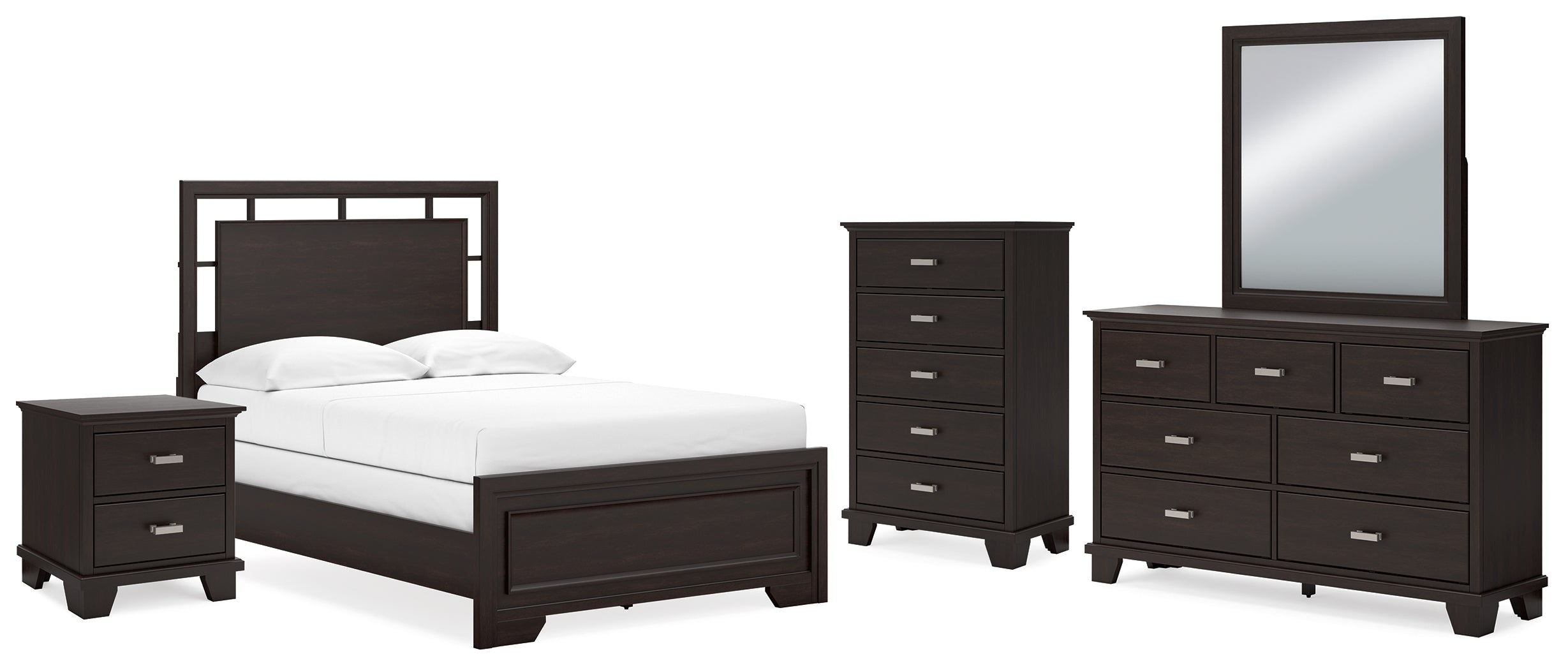 Covetown Full Panel Bed with Mirrored Dresser, Chest and Nightstand in Dark Brown from Ashley - Luna Furniture
