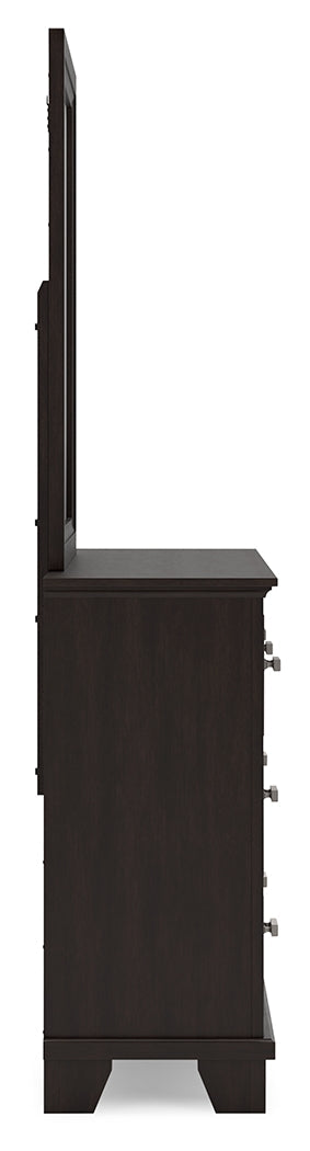 Covetown King Panel Bed with Mirrored Dresser and Chest in Dark Brown from Ashley - Luna Furniture