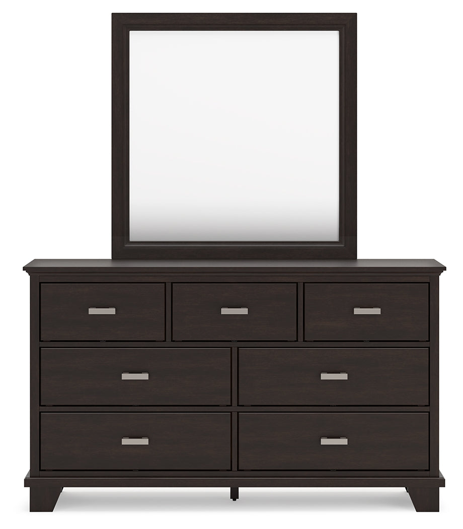 Covetown Queen Panel Bed with Mirrored Dresser and Chest in Dark Brown from Ashley - Luna Furniture