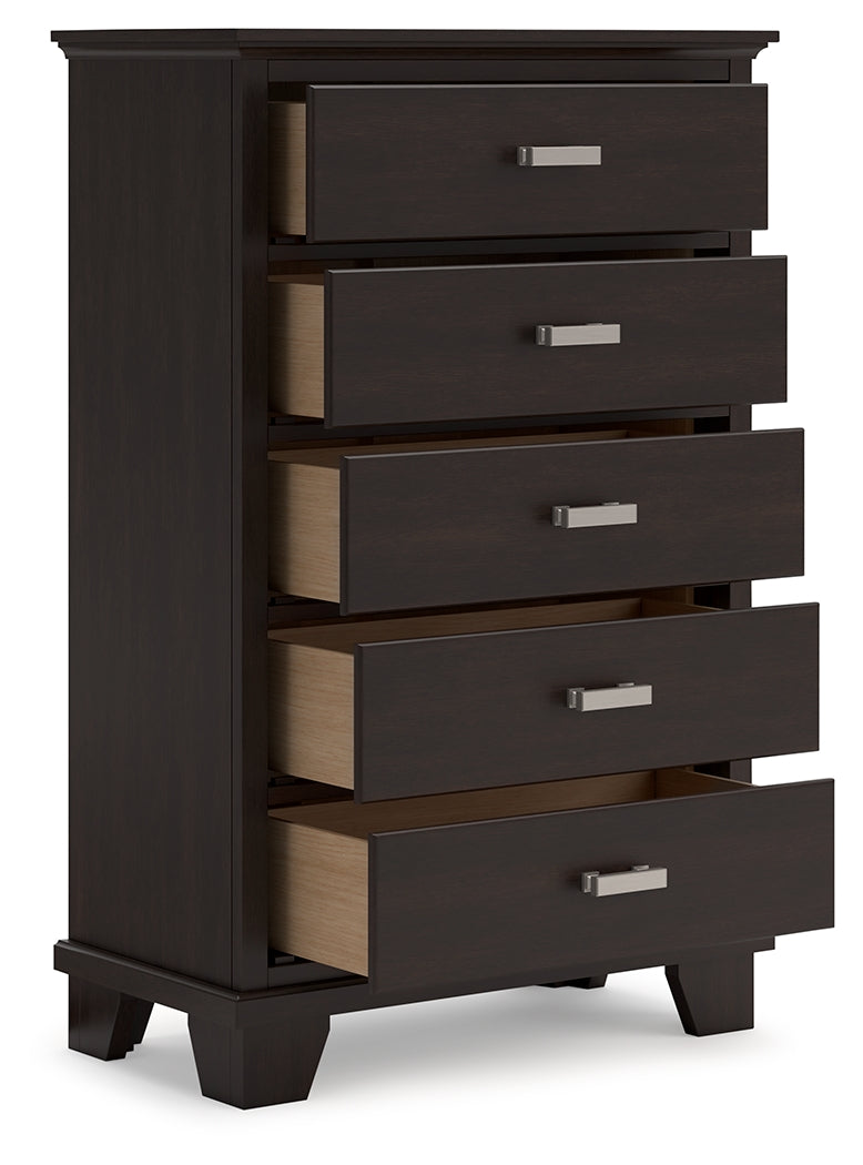 Covetown Queen Panel Bed with Mirrored Dresser and Chest in Dark Brown from Ashley - Luna Furniture