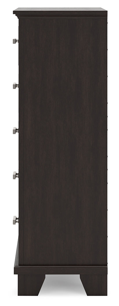 Covetown Queen Panel Bed with Mirrored Dresser and Chest in Dark Brown from Ashley - Luna Furniture
