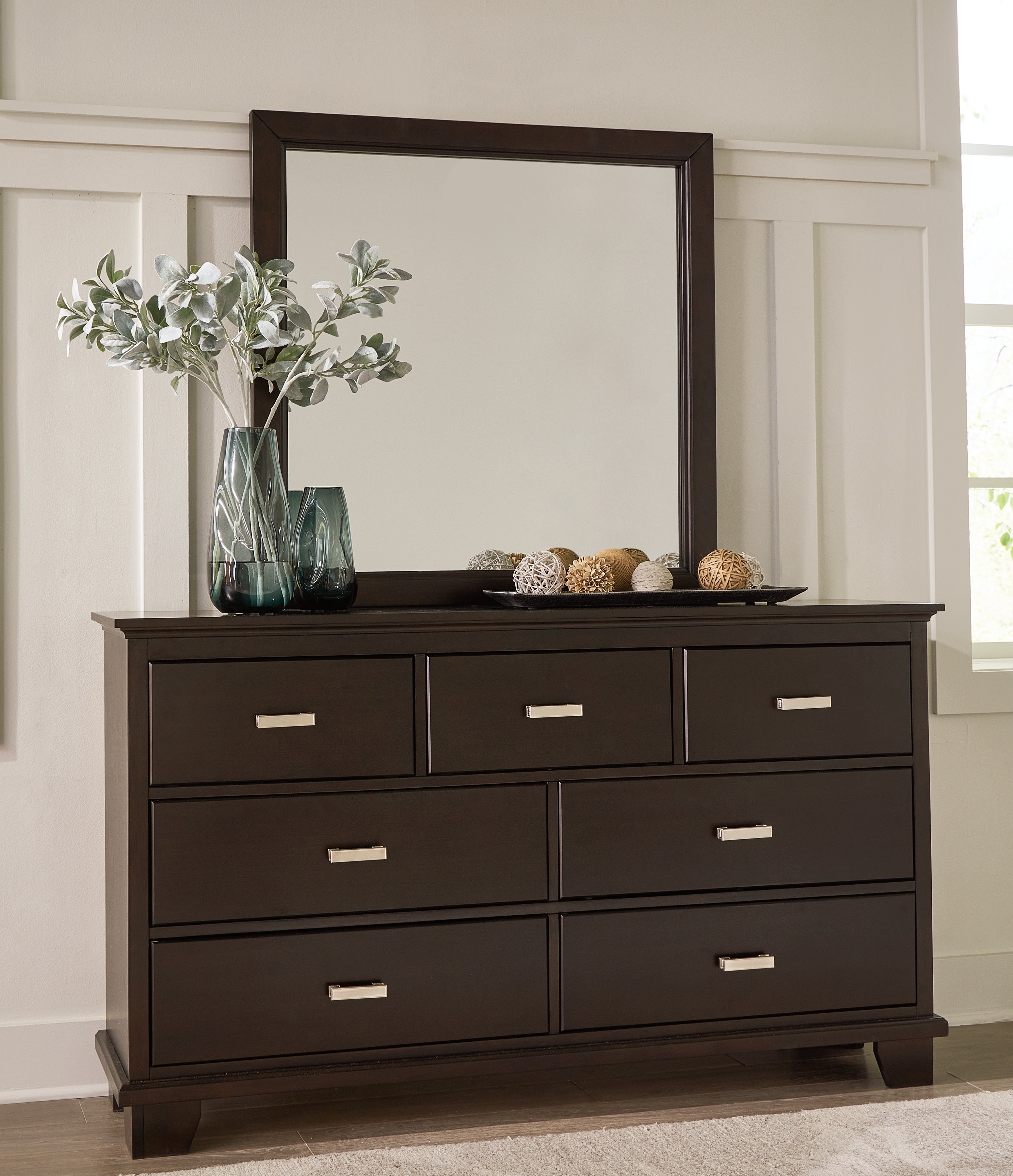 Covetown Queen Panel Bed with Mirrored Dresser and Chest in Dark Brown from Ashley - Luna Furniture