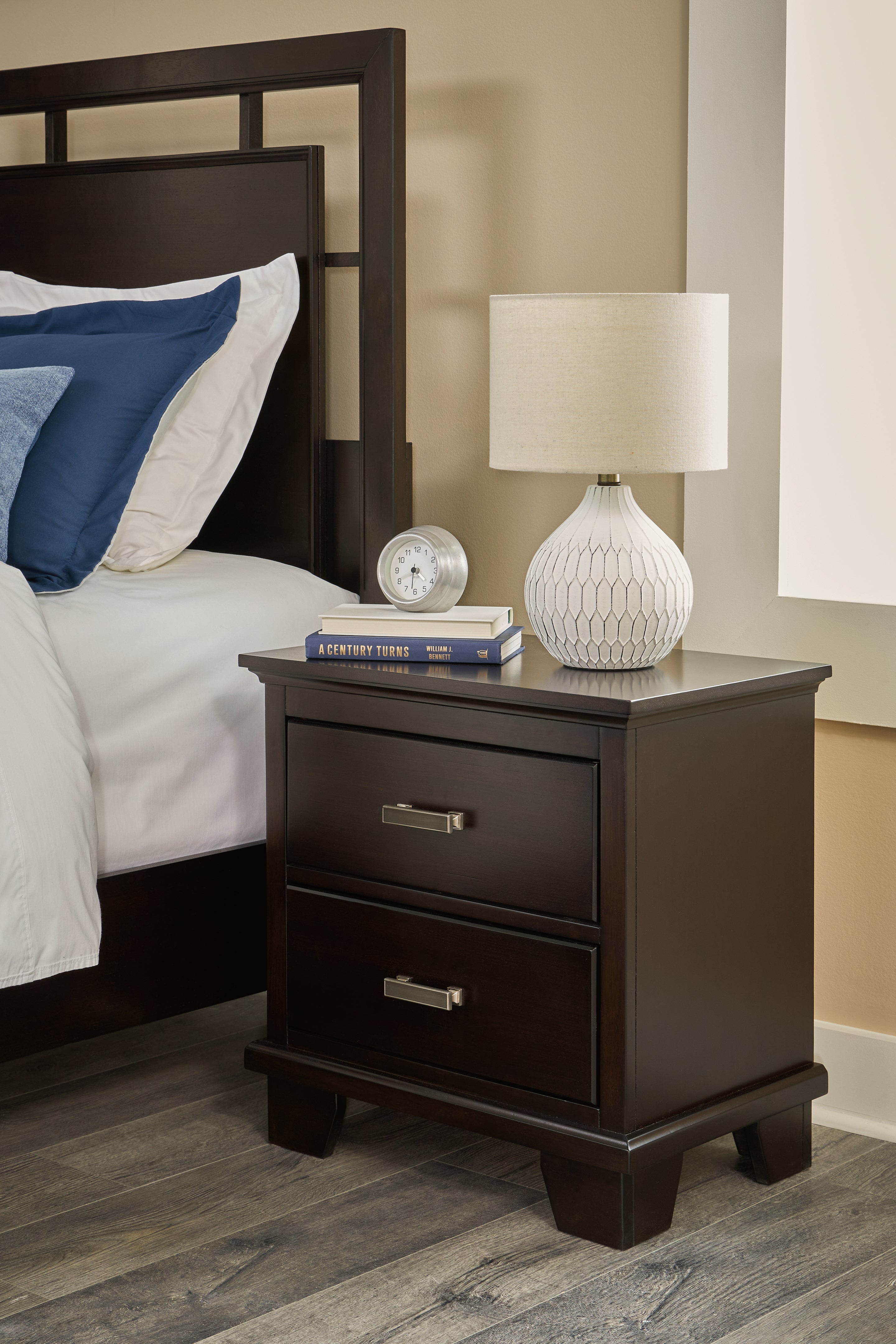 Covetown Queen Panel Bed with Mirrored Dresser, Chest and Nightstand in Dark Brown from Ashley - Luna Furniture