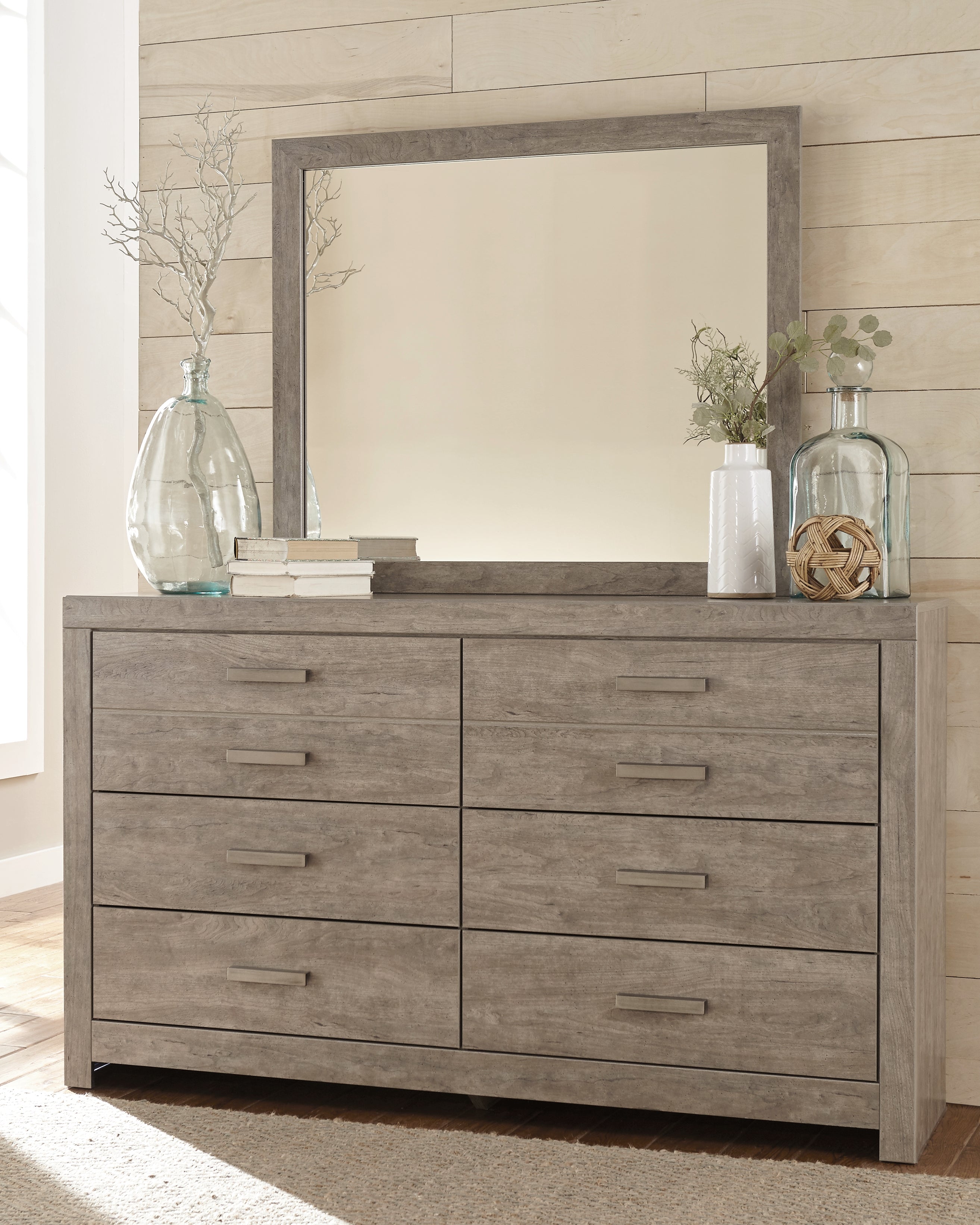 Culverbach King Panel Bed with Mirrored Dresser, Chest and 2 Nightstands in Gray - PKG011532