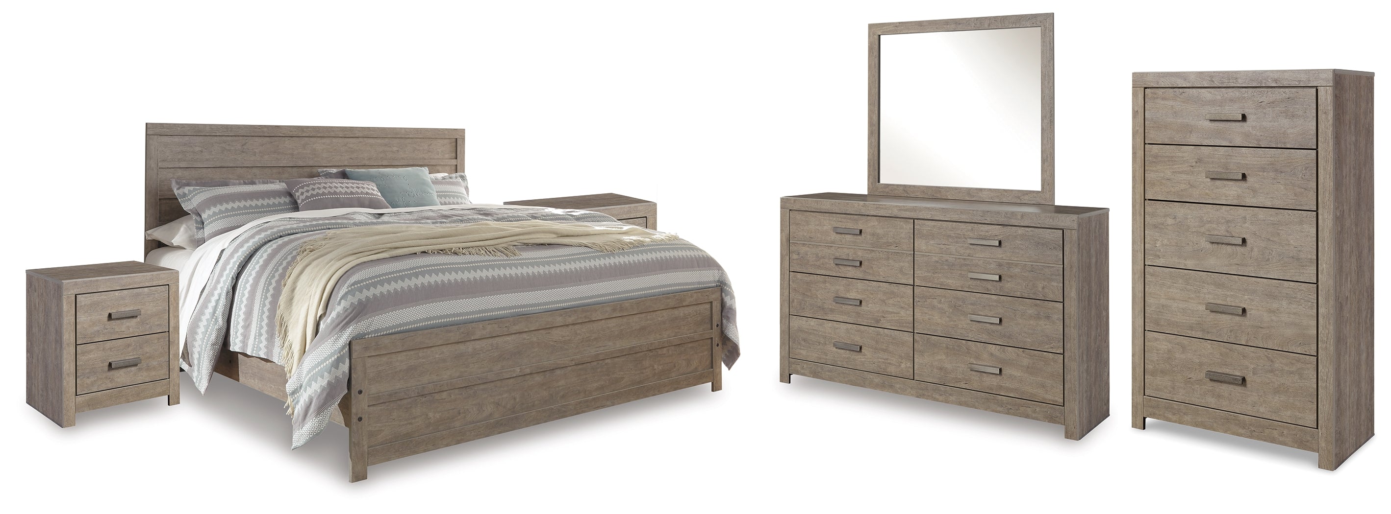 Culverbach King Panel Bed with Mirrored Dresser, Chest and 2 Nightstands in Gray - PKG011532