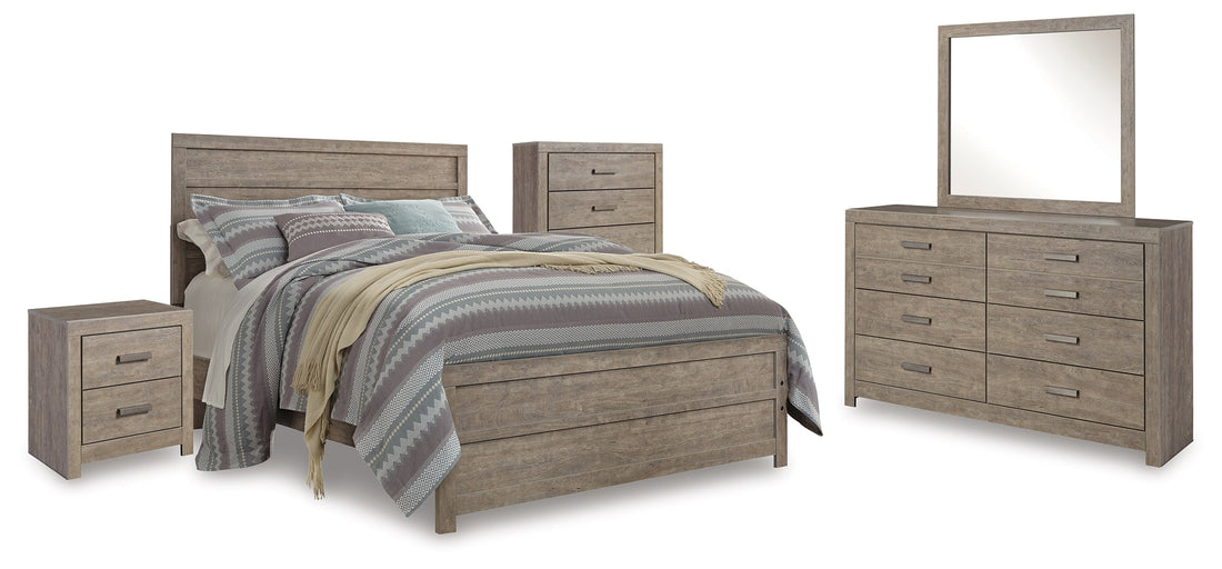 Culverbach Queen Panel Bed with Mirrored Dresser, Chest and Nightstand in Gray - PKG011525